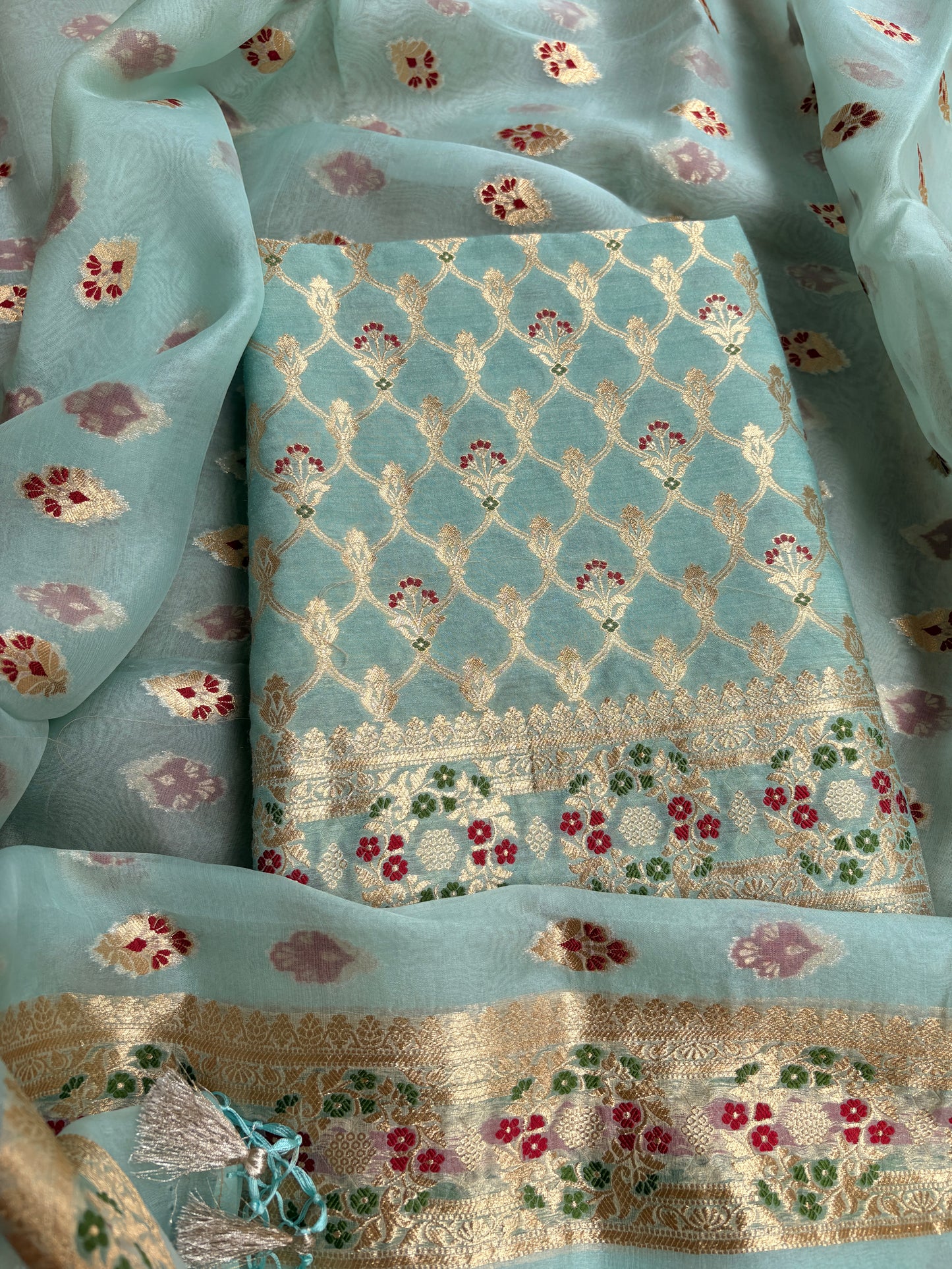 Blue moonga silk kurta, kora silk kadhwa dupatta , plain bottom