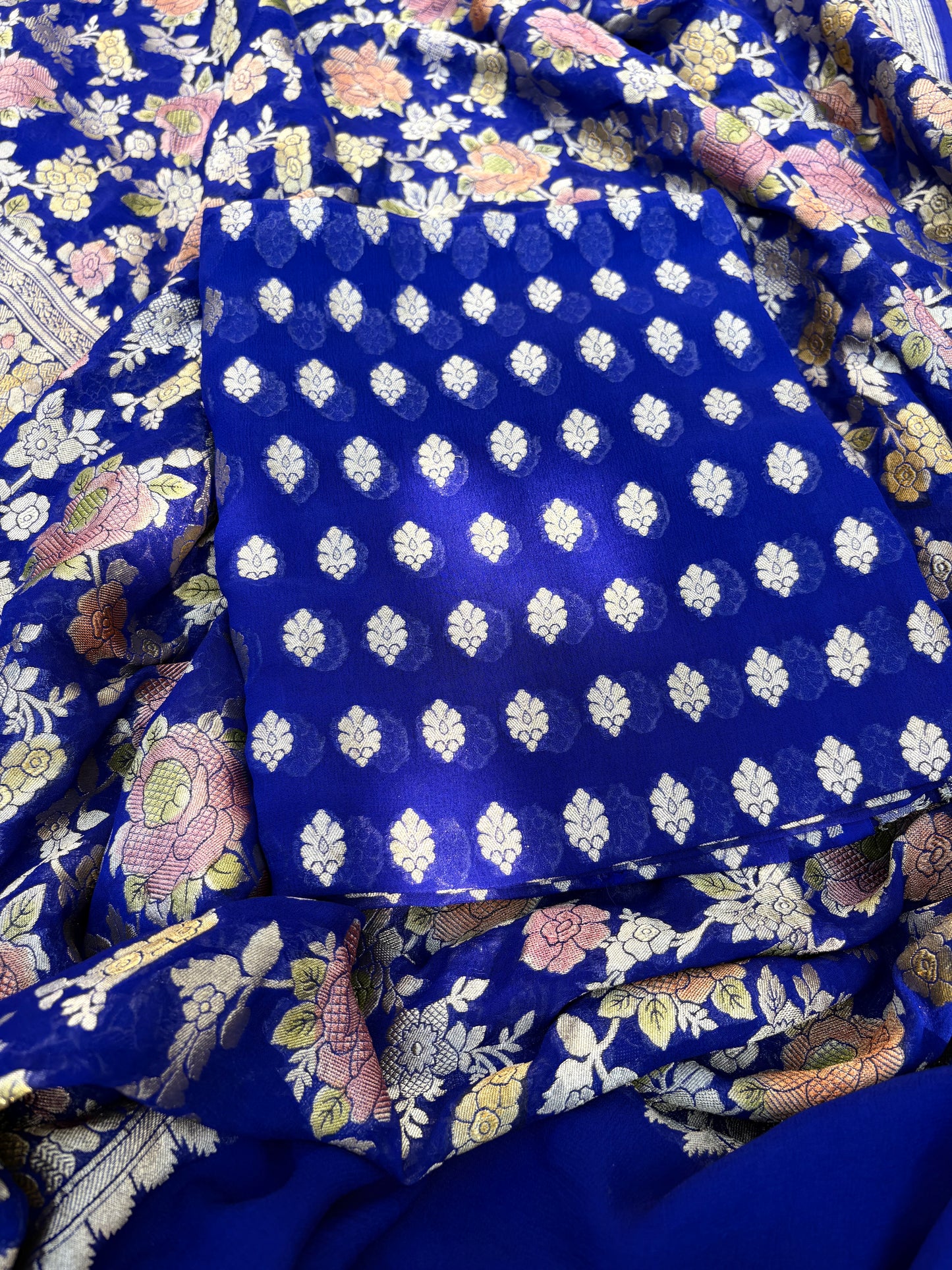 Blue Khaddi georgette kurta, handbrushed dupatta, plain bottom