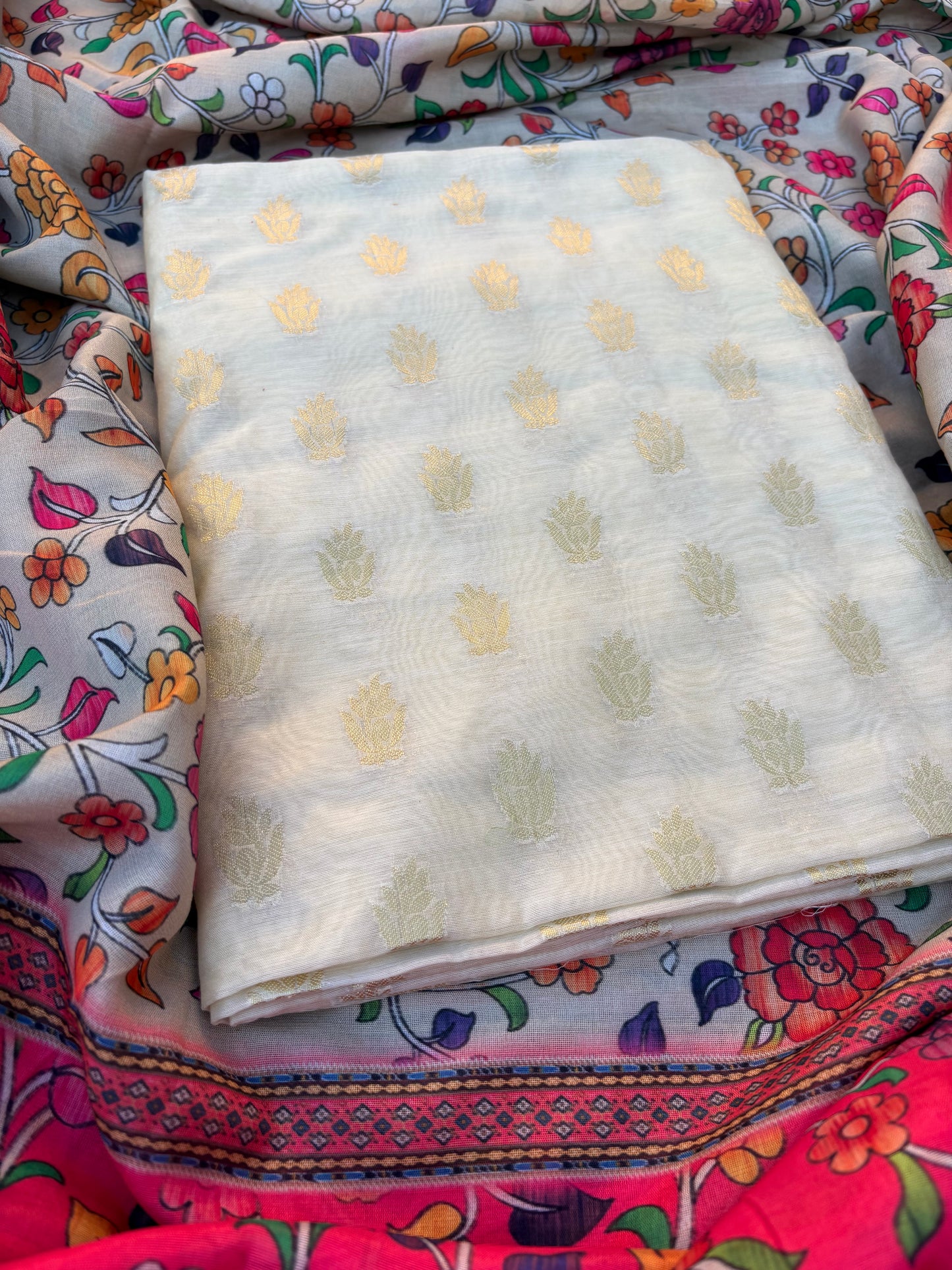 Cream cotton suit with digital printed dupatta, plain bottom