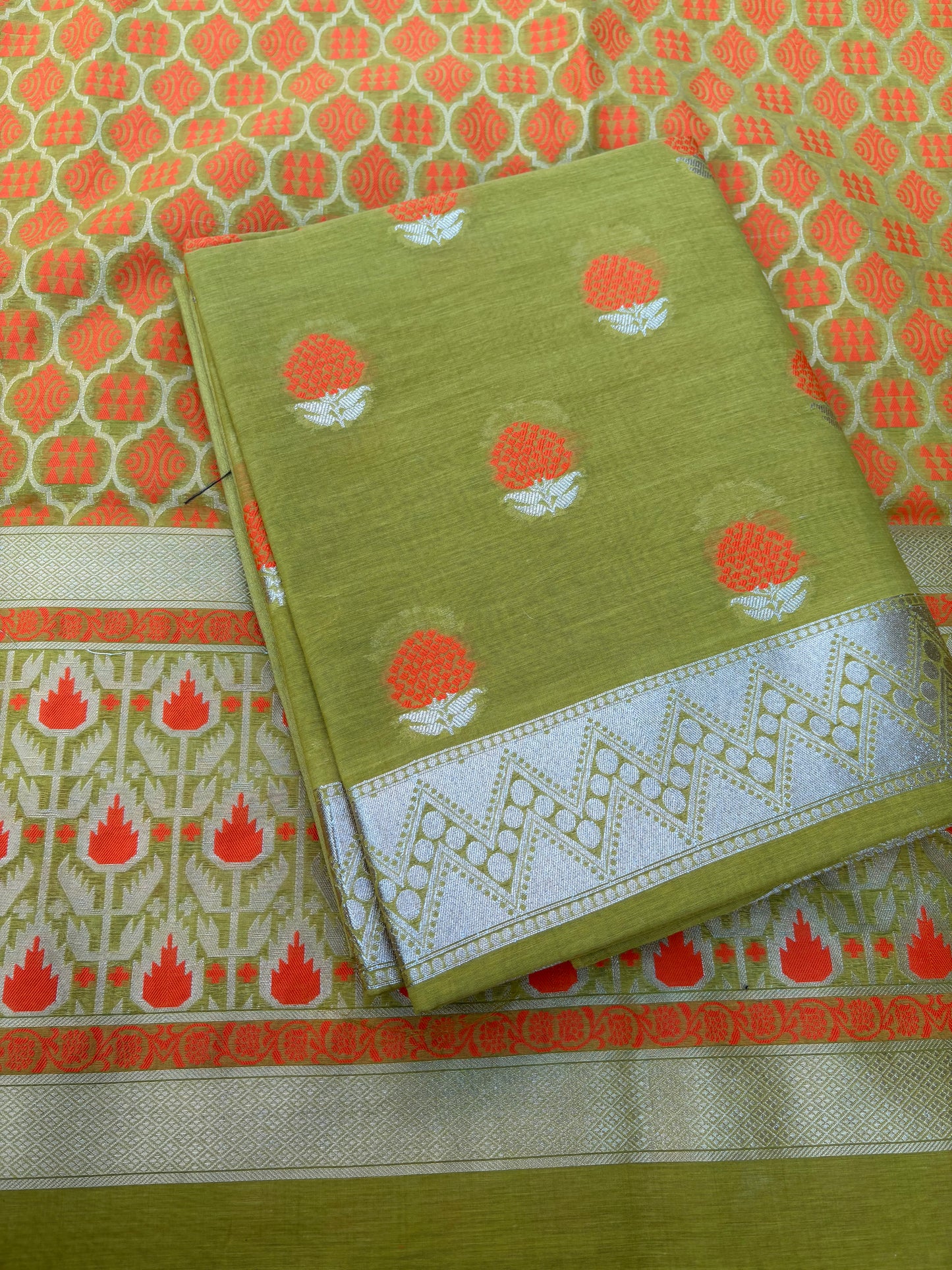 Lime green orange Meenakari 3 piece suit set