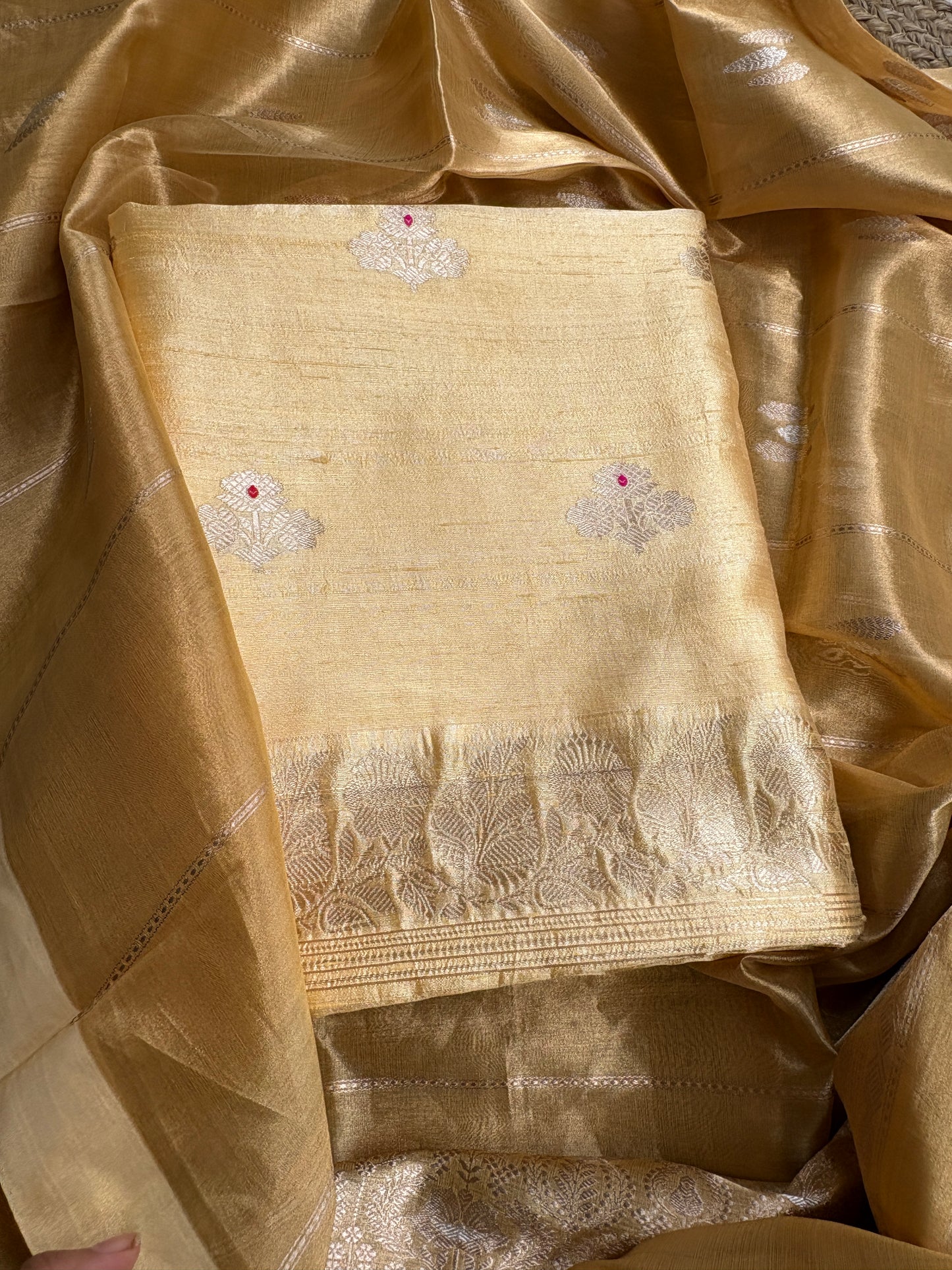 Yellow raw silk kurta, bottom and tissue kadhwa dupatta