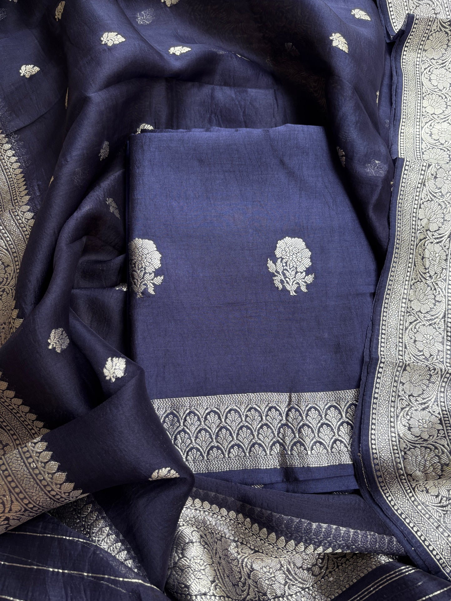 Blue Chiniya kora Chiniya silver zari suit set