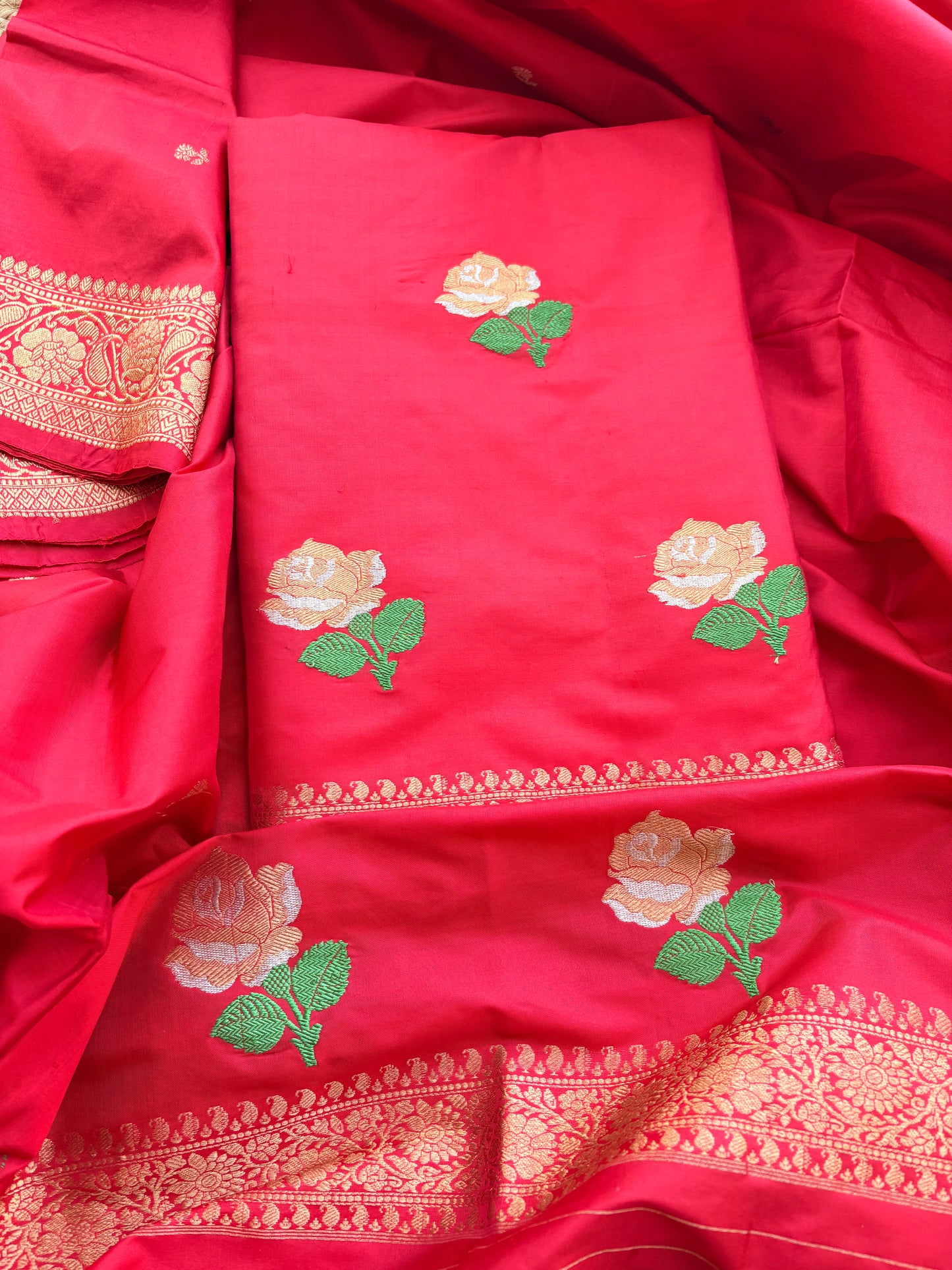 Red katan by katan silk kadhwa suit set