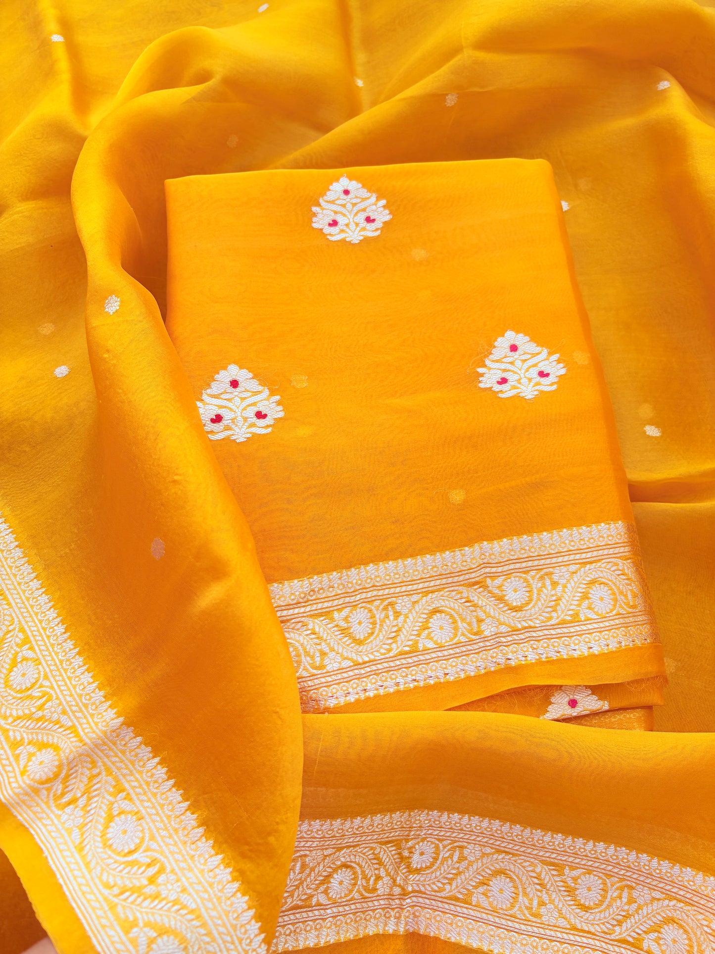 Yellow kora kadhwa silk suit set