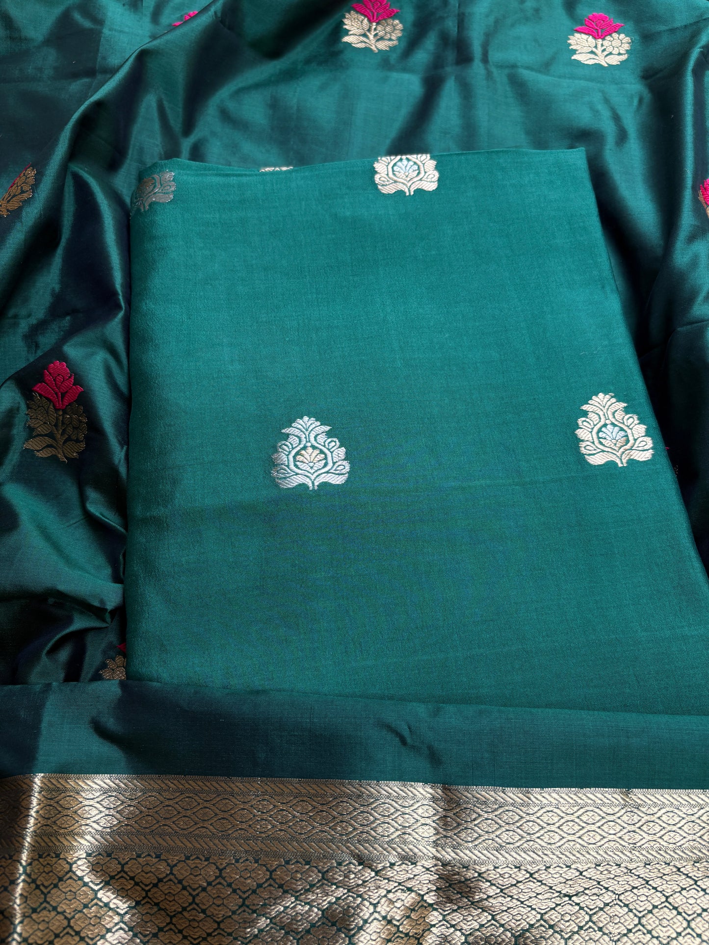 Green Chiniya silk kurta, bottom, katan silk kadhwa dupatta