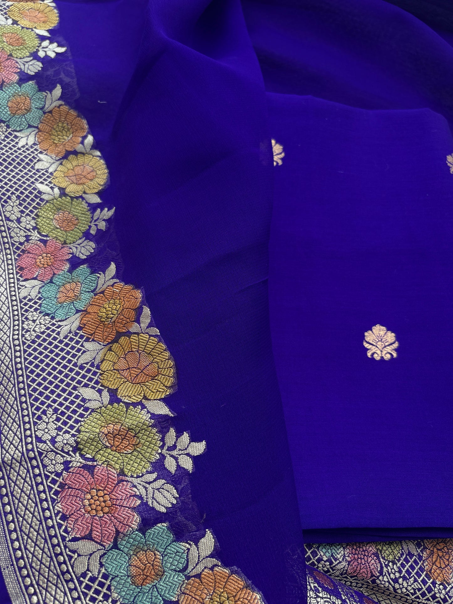 Blue Chiniya silk suit with pure georgette meenadar dupatta