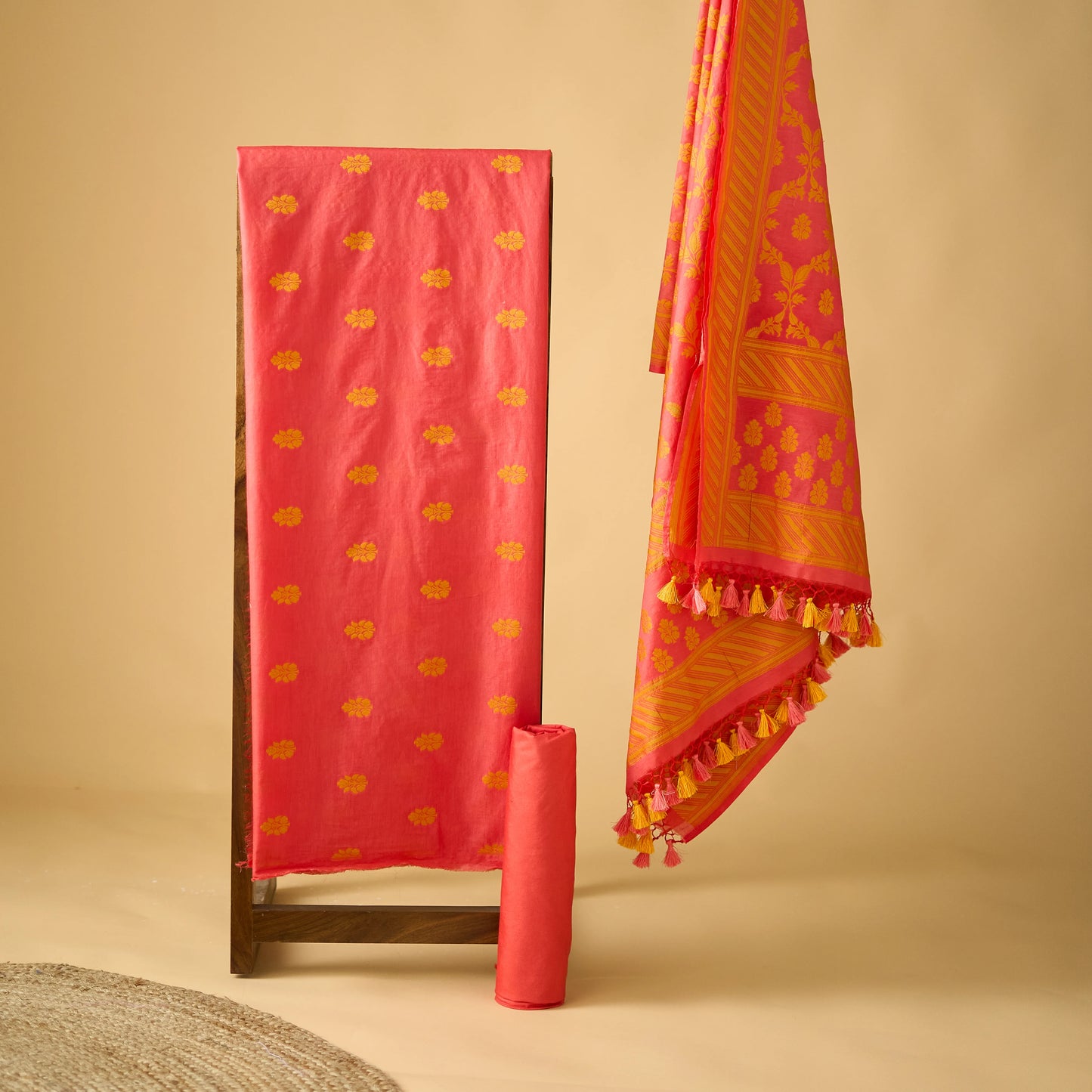 Orange mustard full weaving chanderi cotton suit set