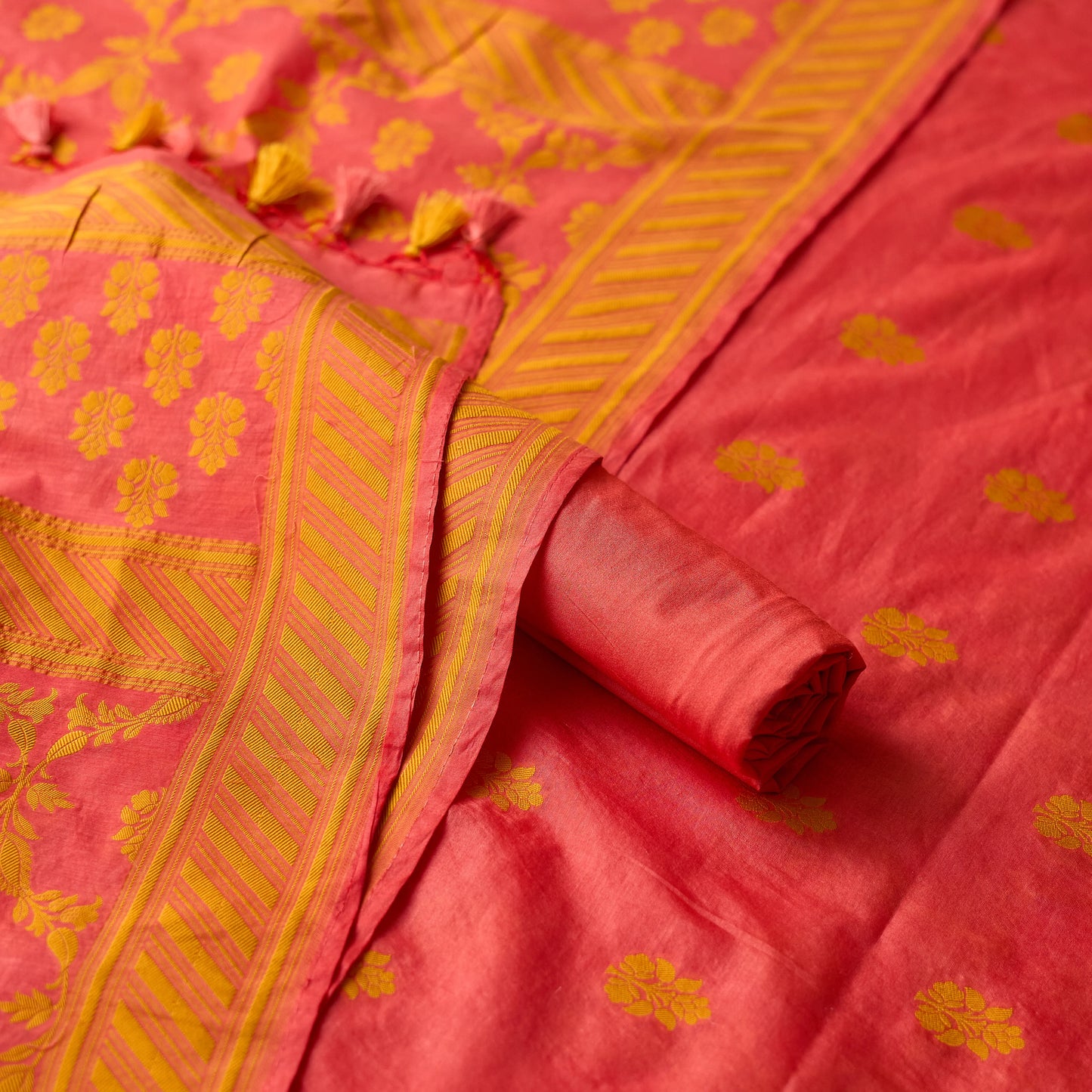 Orange mustard full weaving chanderi cotton suit set