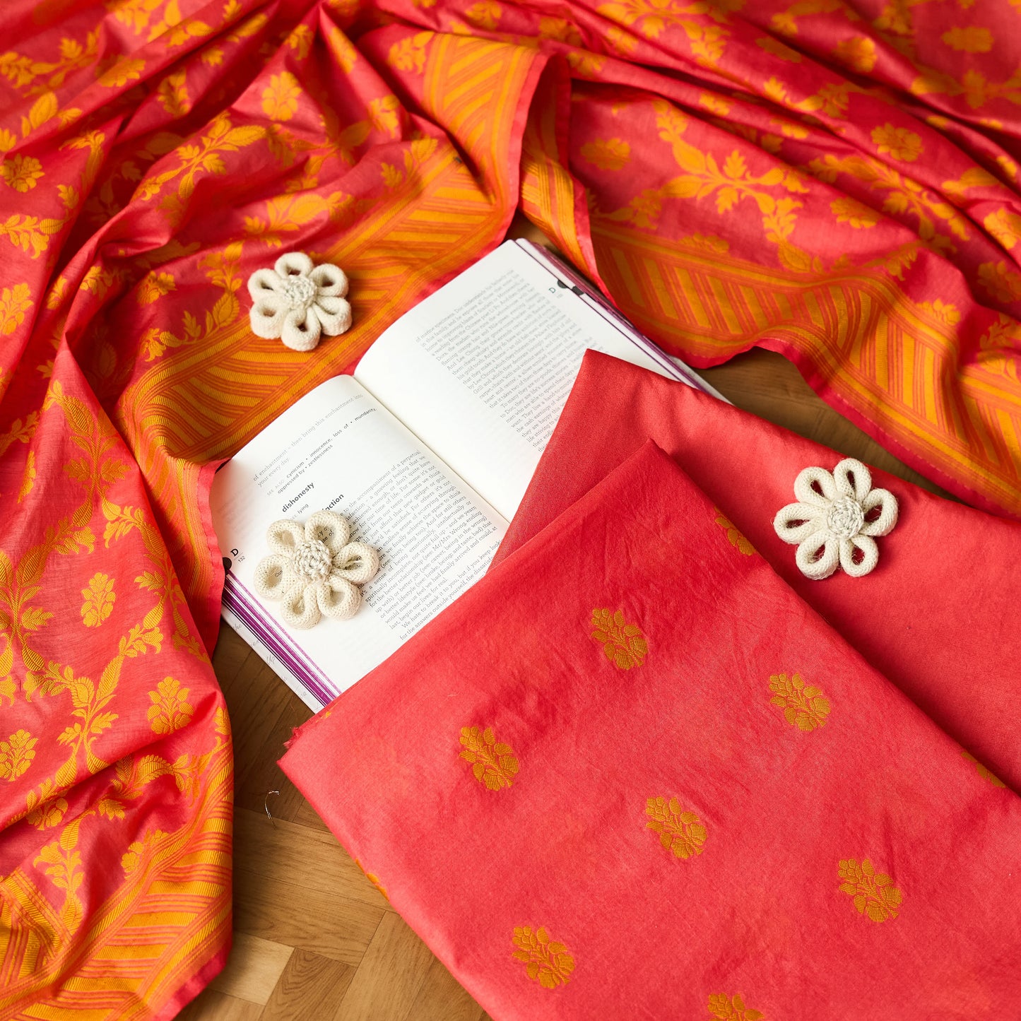 Orange mustard full weaving chanderi cotton suit set