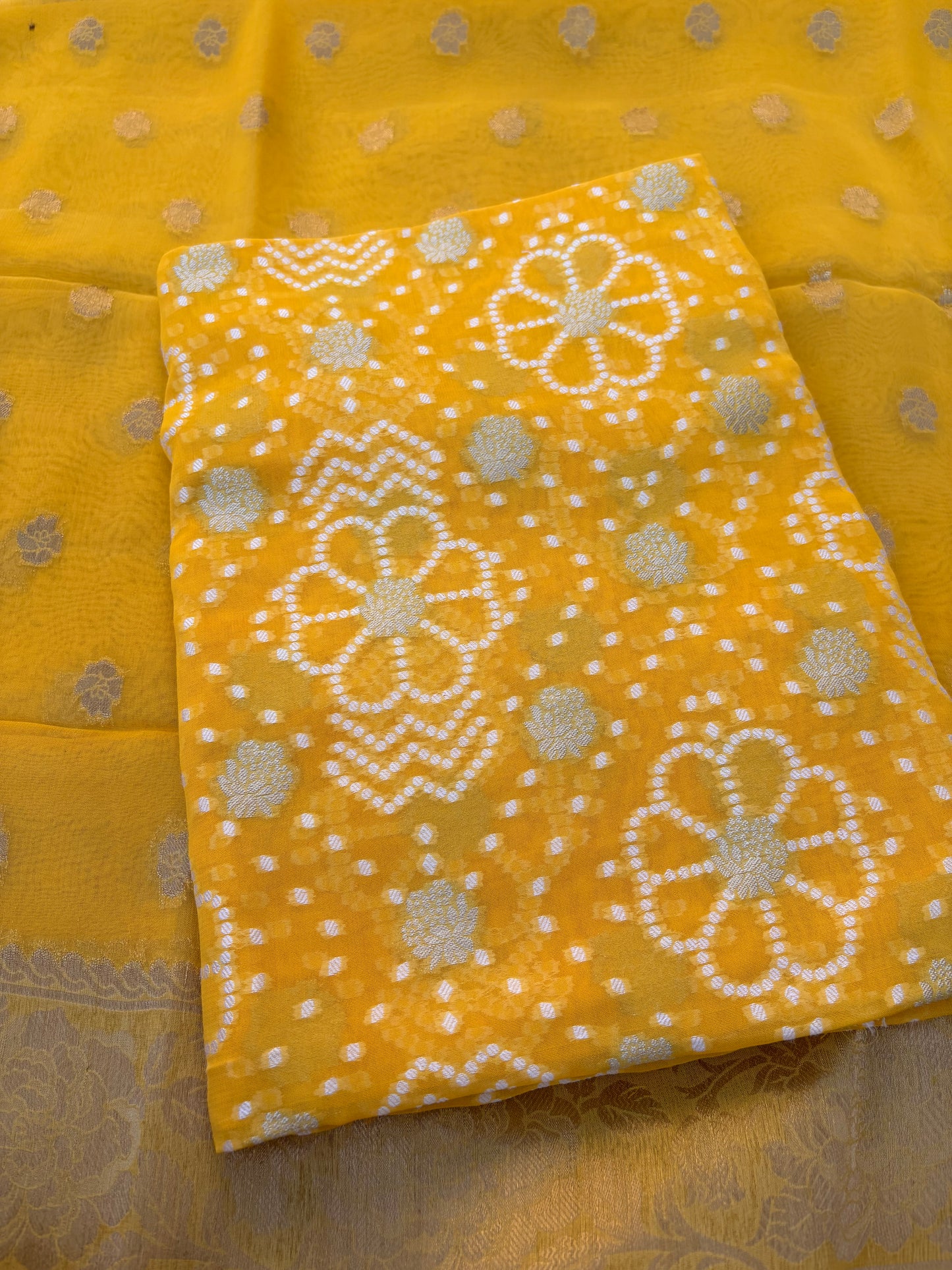 Yellow premium chiffon bandhani 3 piece suit set