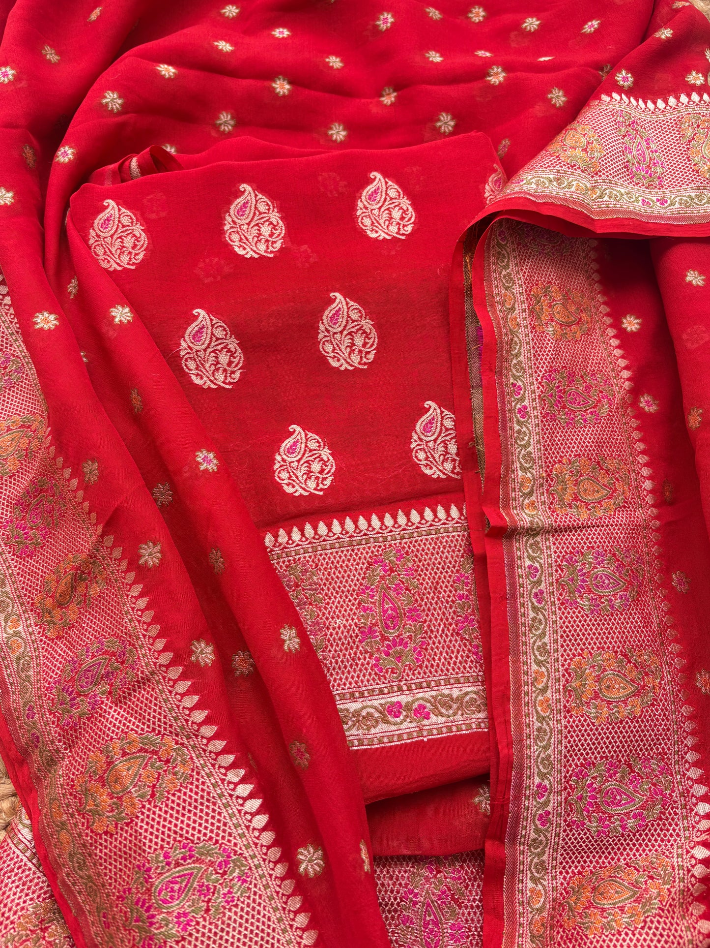 Red Khaddi chiffon meenadar suit set