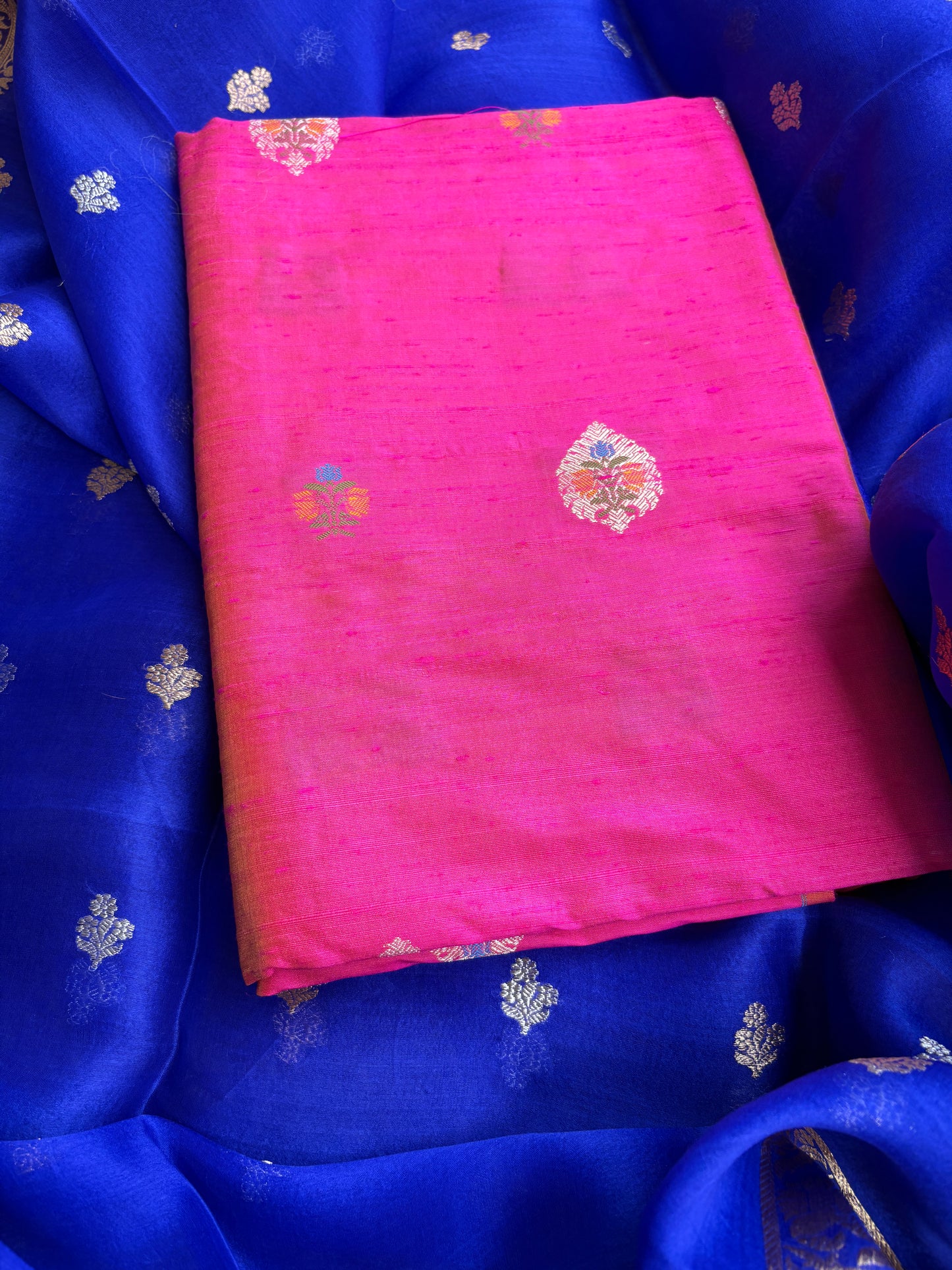 Pure raw silk kadhwa kurta, bottom and kora silk dupatta