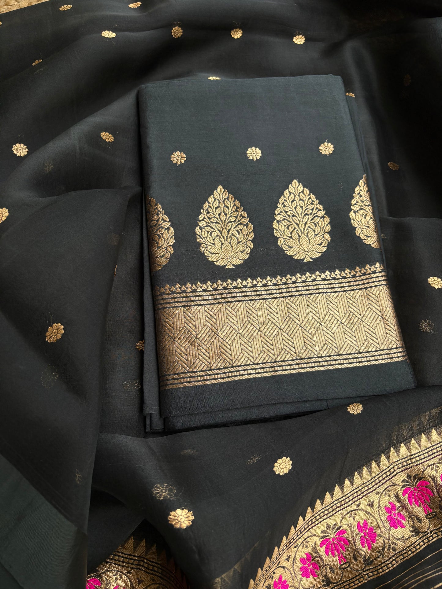 Black Chiniya kora silk 3 piece suit set