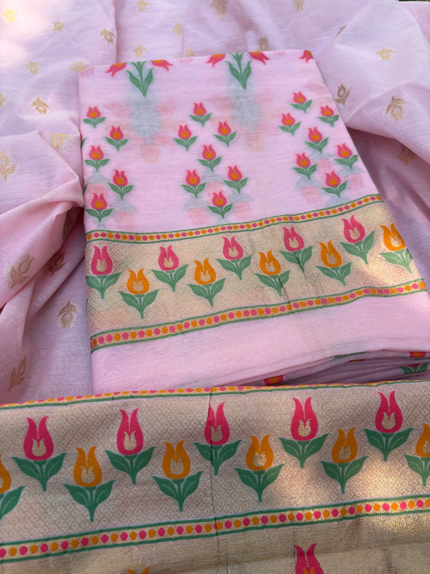 Pink meenadar flower design Chanderi cotton suit set