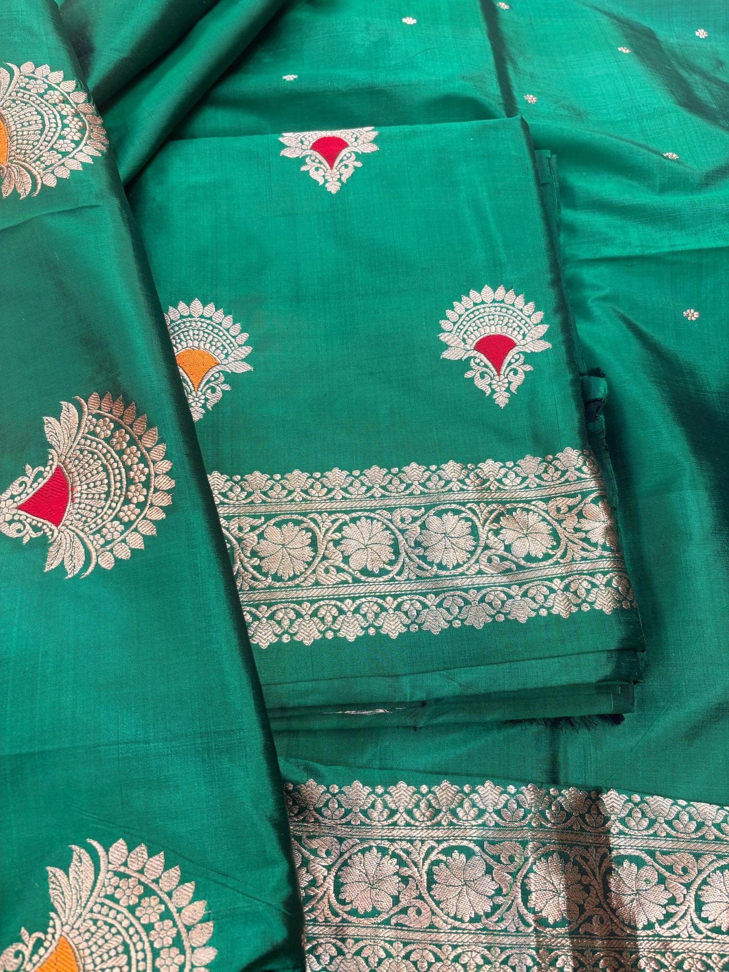 Green Katan by katan silk kadhwa suit set