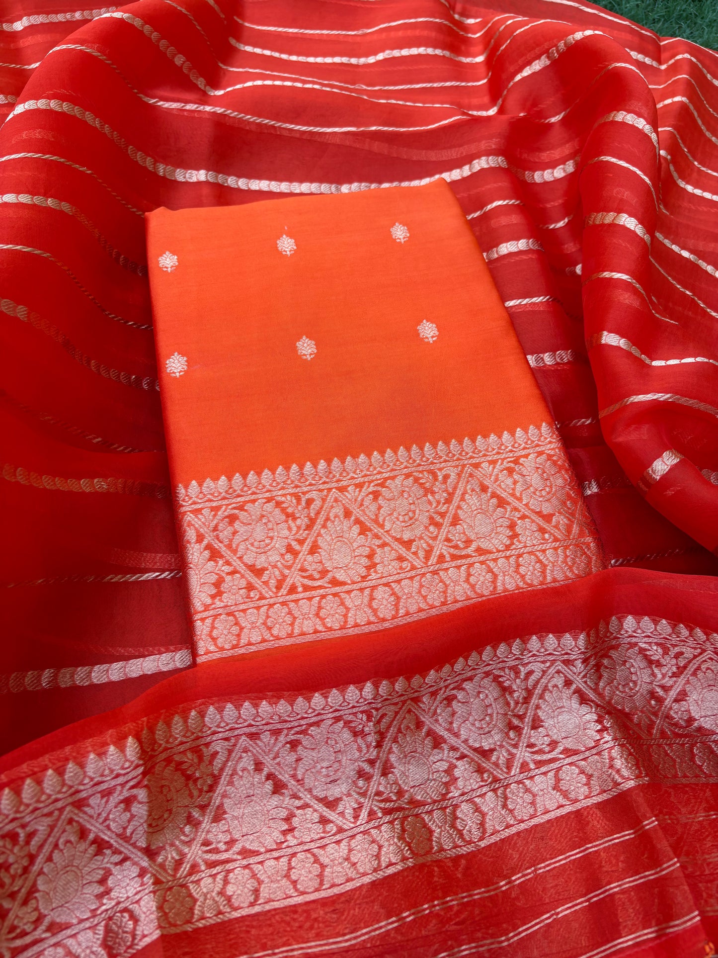 Orange raw mango silk kurta, bottom, kora dupatta