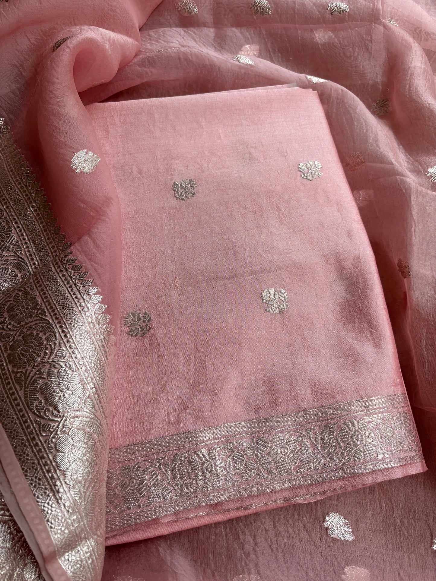 Pink silver zari Chiniya kora silk suit set