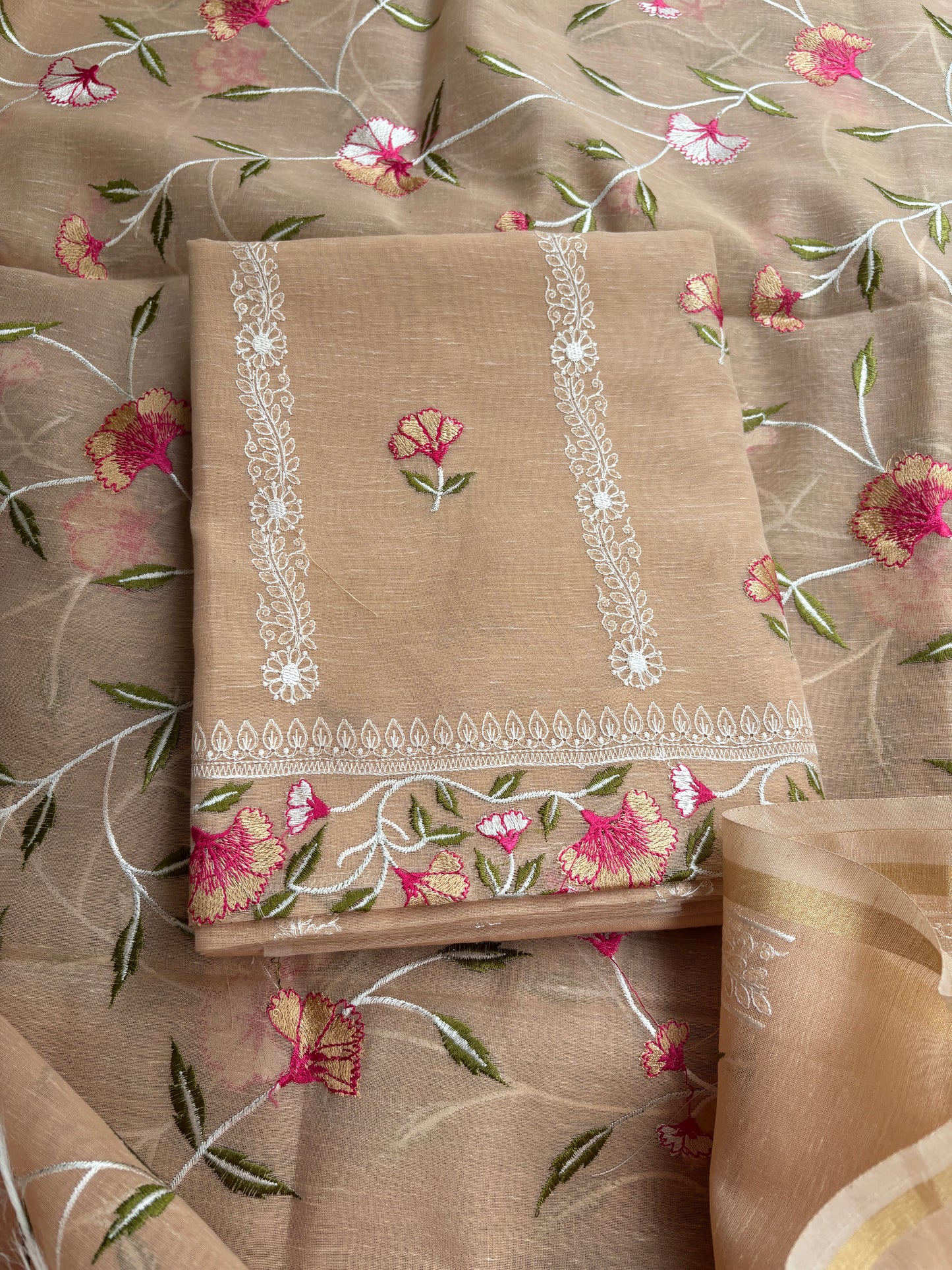 Nude beige cotton linen 3 piece suit set