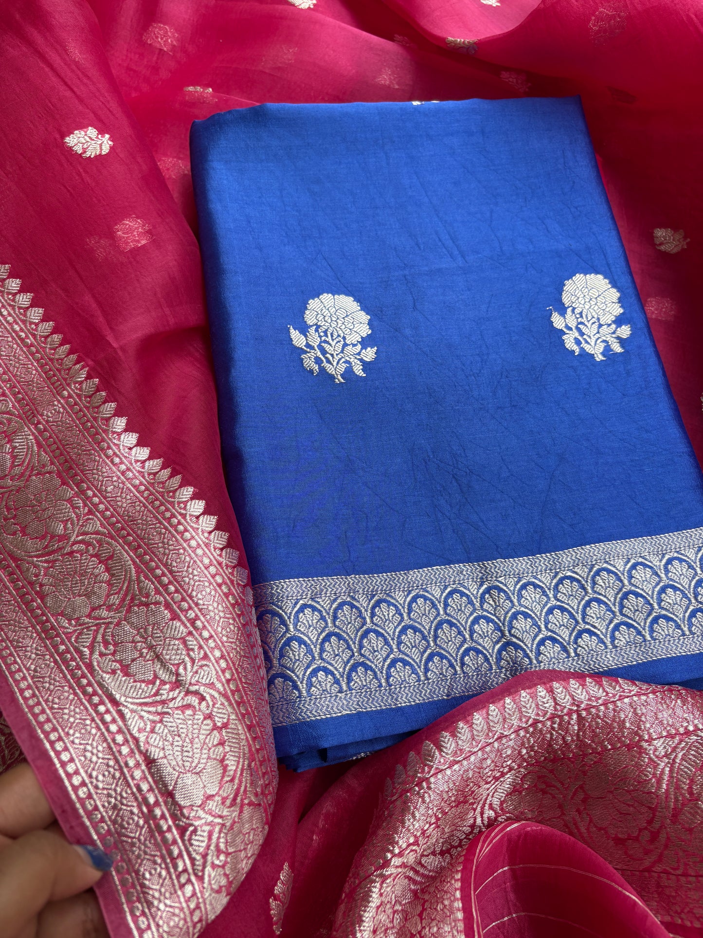 Blue Chiniya silk kurta, pink kora kadhwa dupatta, plain bottom