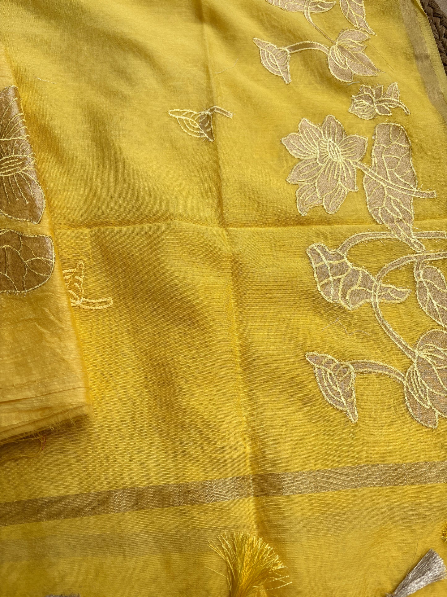 Yellow mul Chanderi appliqué work suit set