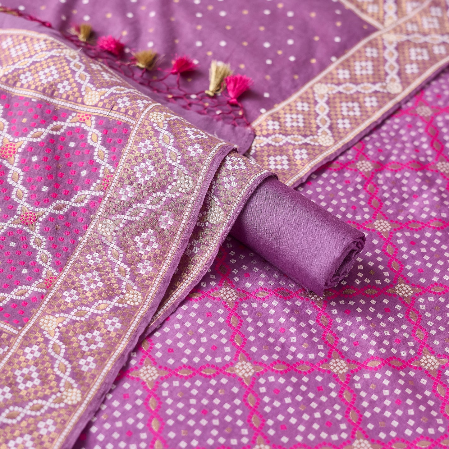 Lavender cotton bandhani suit set