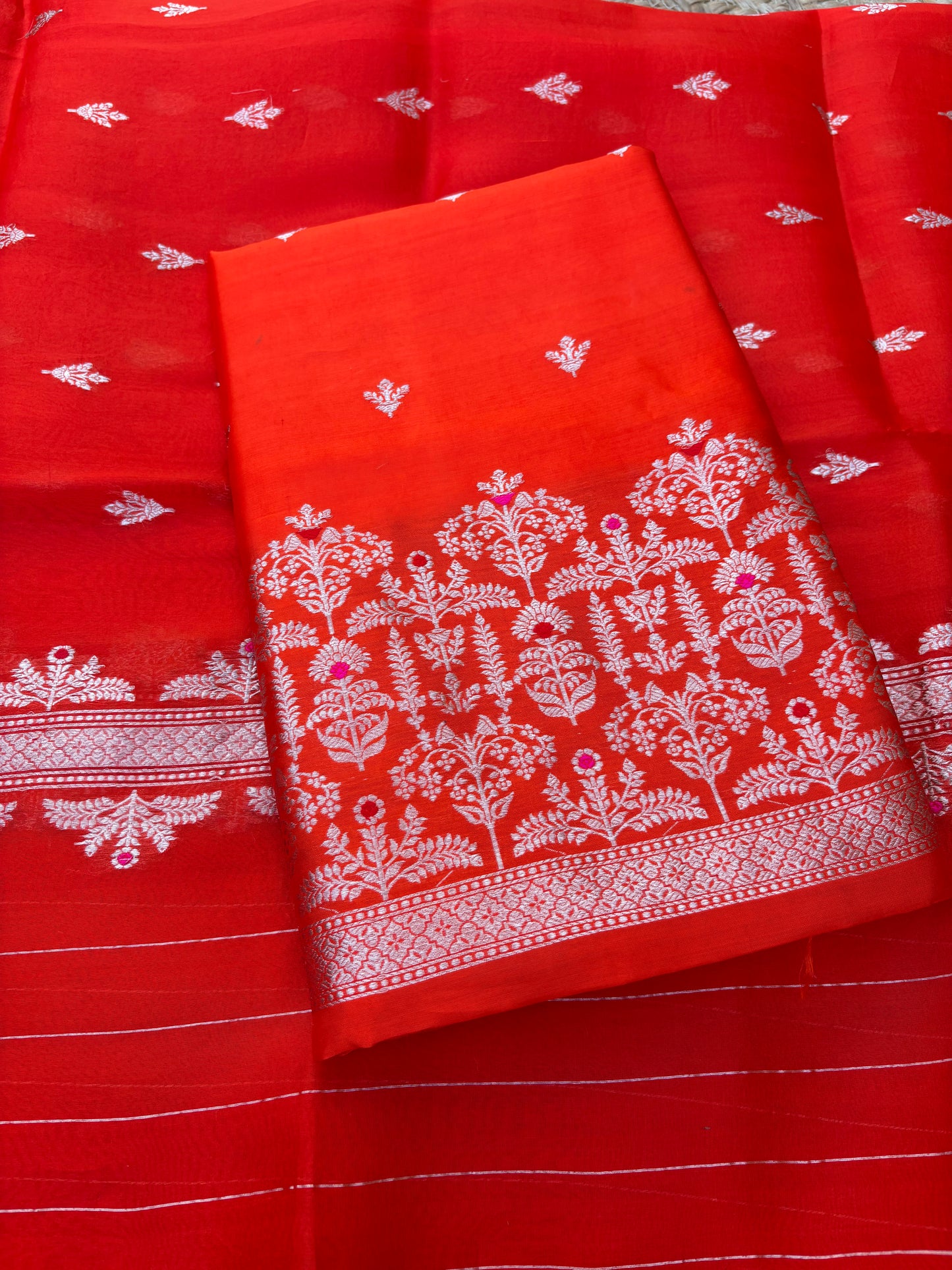 Orange raw mango silk kurta, bottom, kora kadhwa silk dupatta
