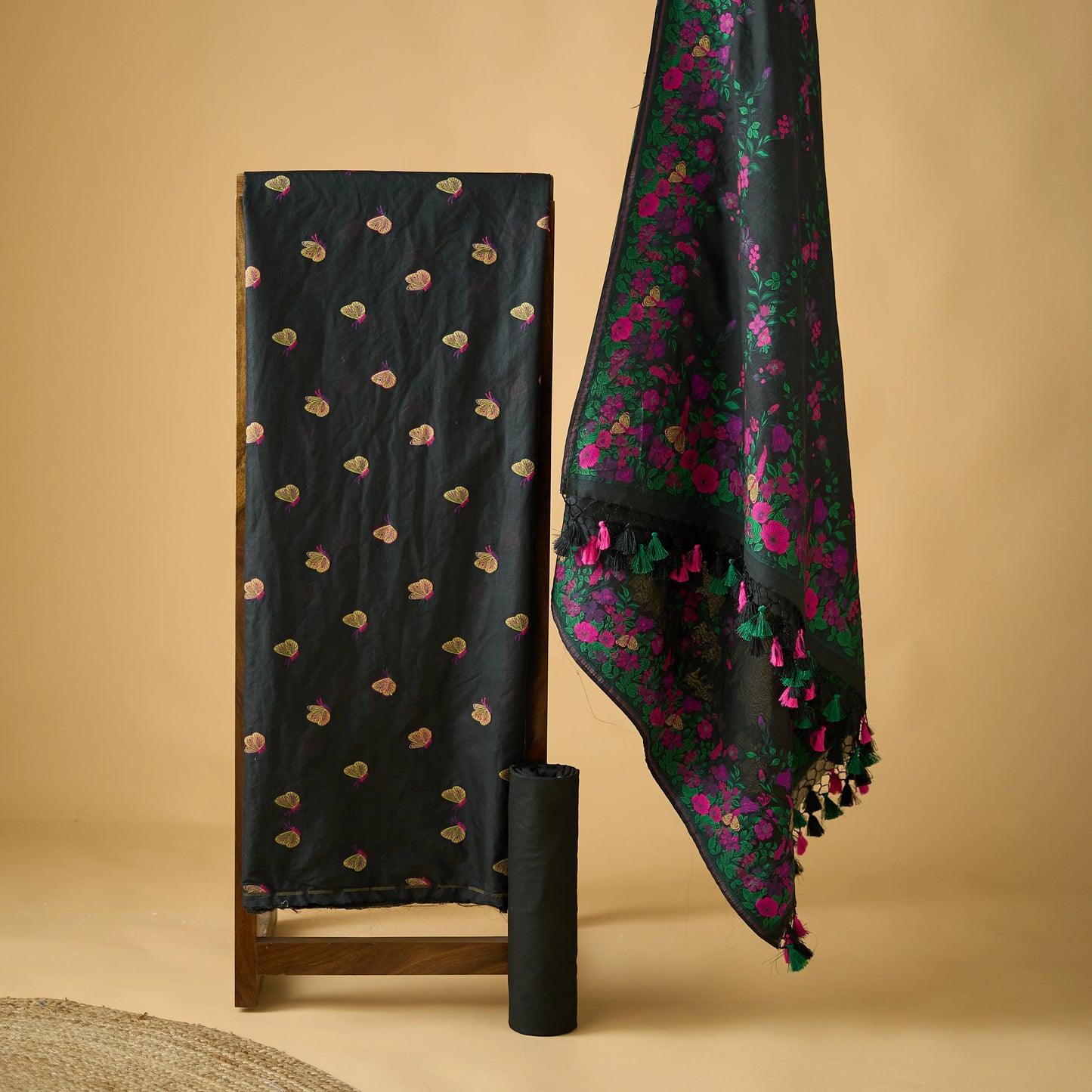 Black butterfly jungle theme chanderi 3 piece suit set