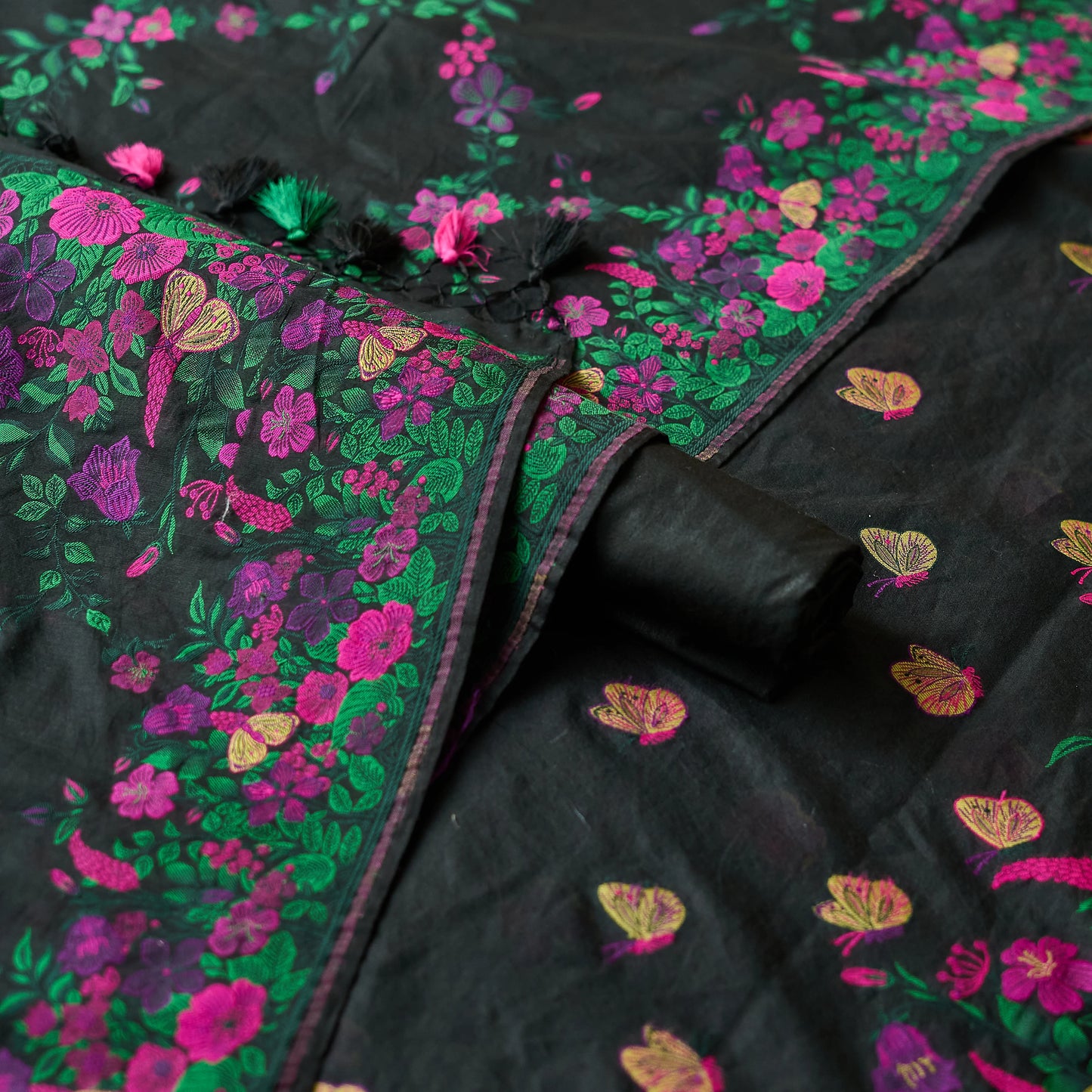 Black butterfly jungle theme chanderi 3 piece suit set