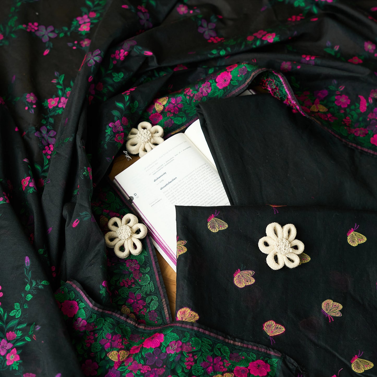 Black butterfly jungle theme chanderi 3 piece suit set