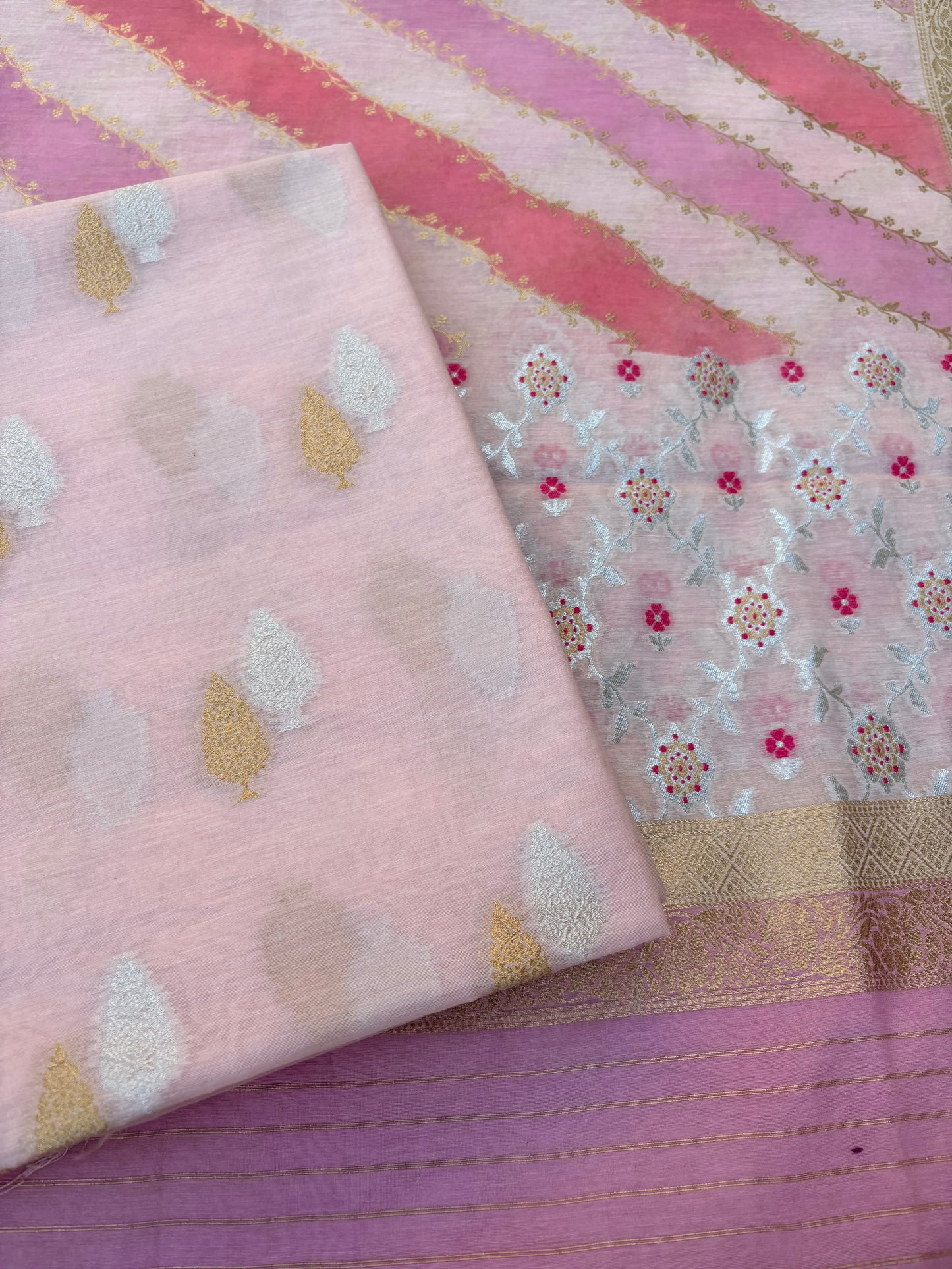 Pink Chanderi kurta, rangkat dupatta , plain bottom