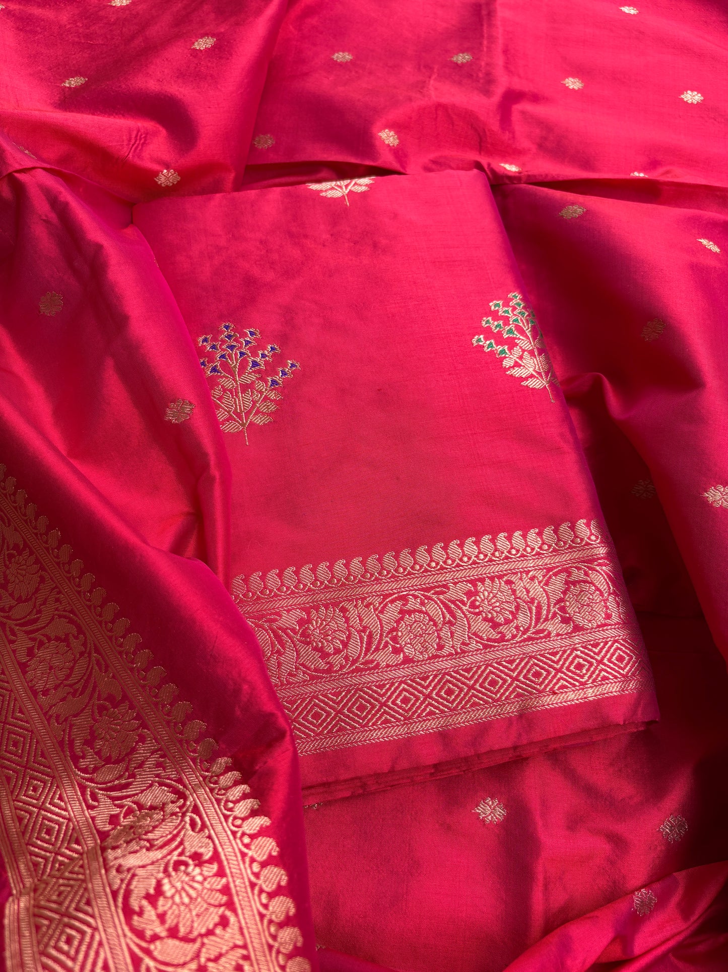 Red pink dhoop chau katan by katan silk suit set