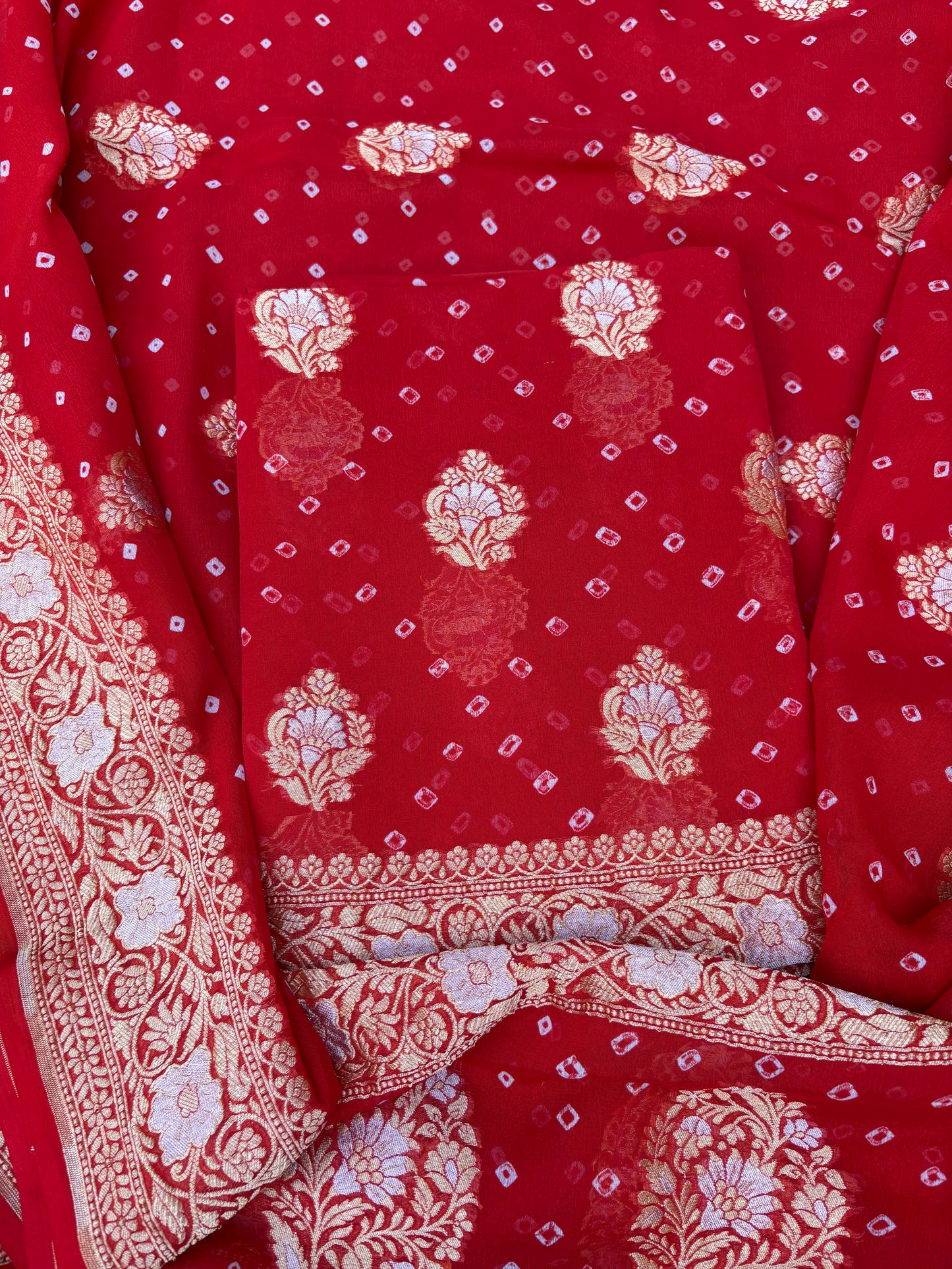 Red Khaddi georgette kadhwa bandhani 3 piece suit set