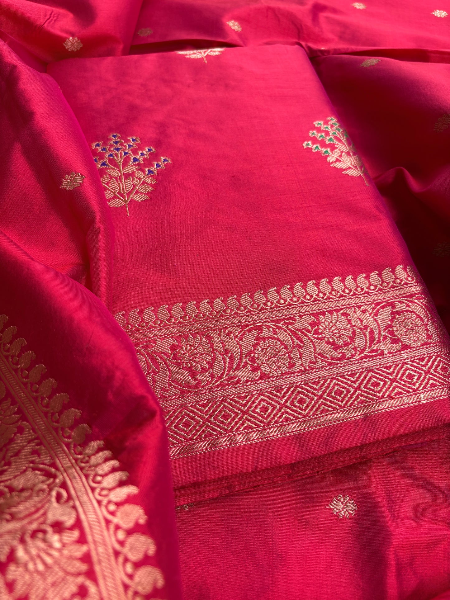 Red pink dhoop chau katan by katan silk suit set