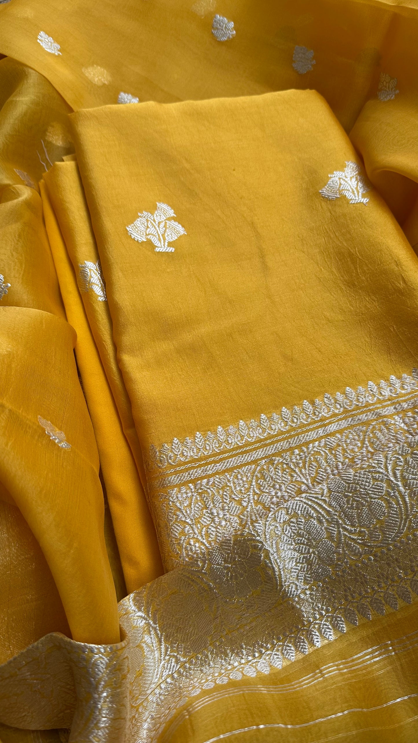 Yellow silver zari chiniya kora 3 piece suit set