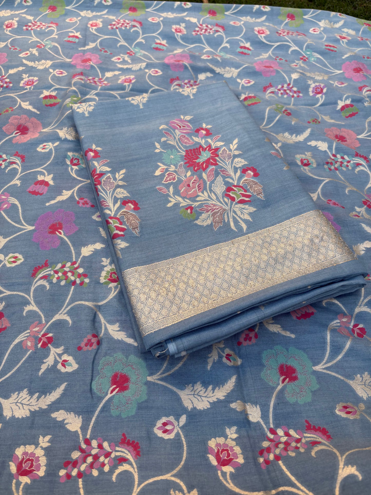 Blue meenadar tilfi weaving moonga silk 3 piece suit set