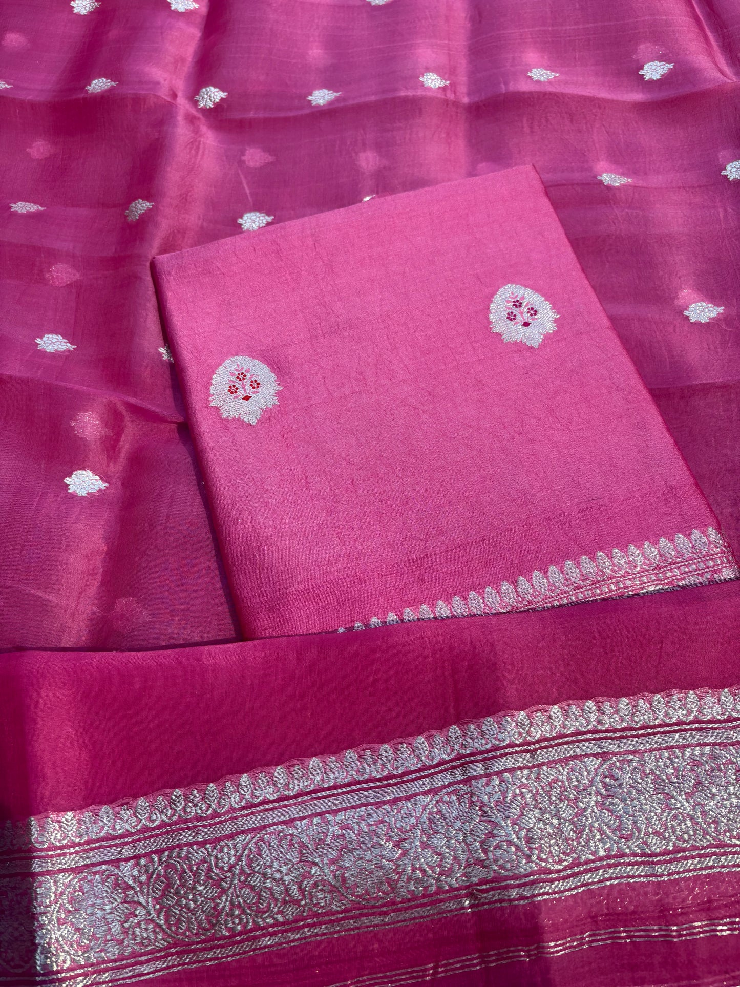 Pink Chiniya silver zari kurta, kora silk dupatta, plain bottom