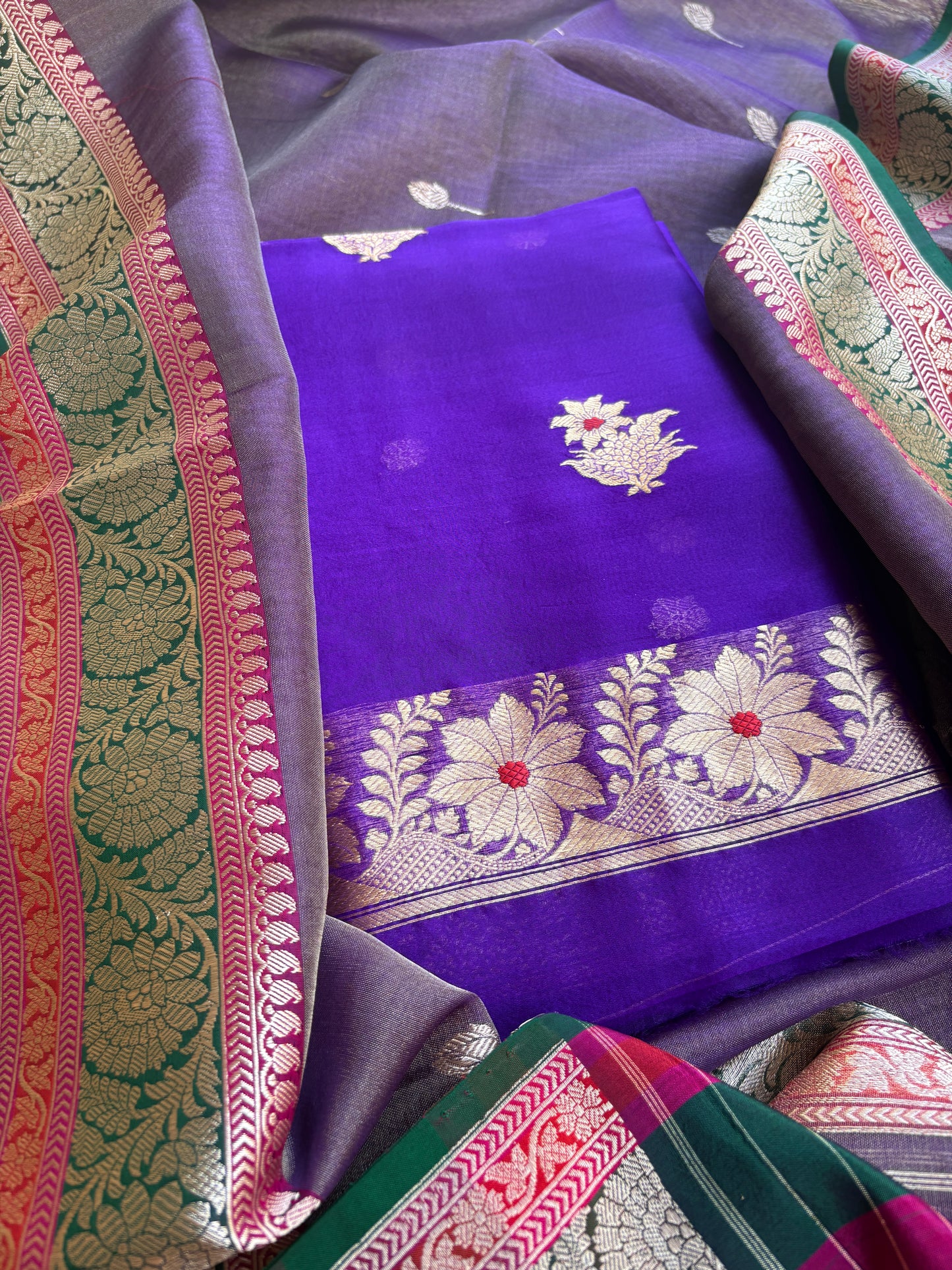 Purple kora kurta, kadhwa kora tissue dupatta, pure silk bottom