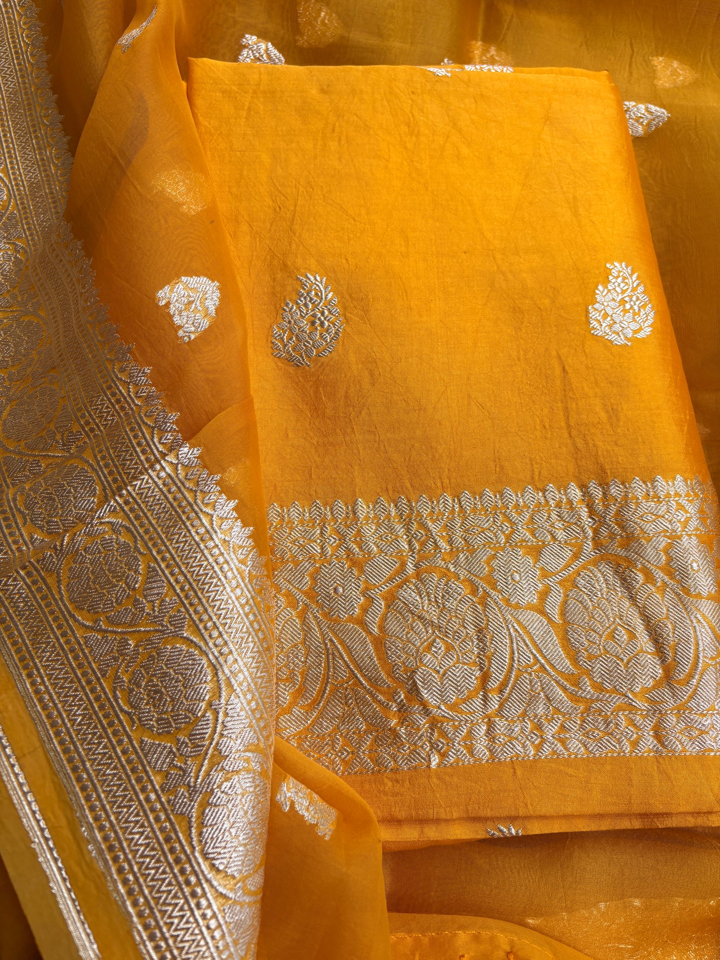 Yellow Chiniya silk silver zari suit set