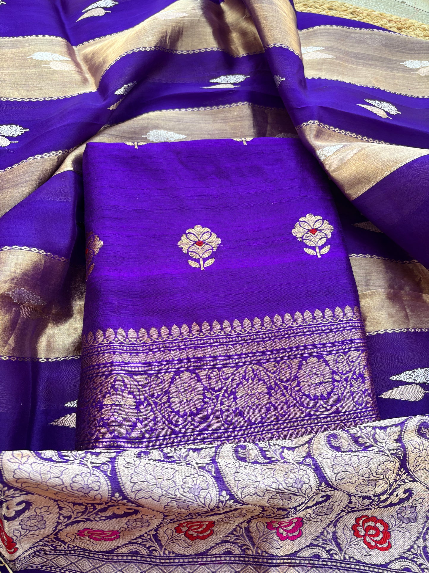 Purple raw silk kurta, bottom and kora tissue dupatta