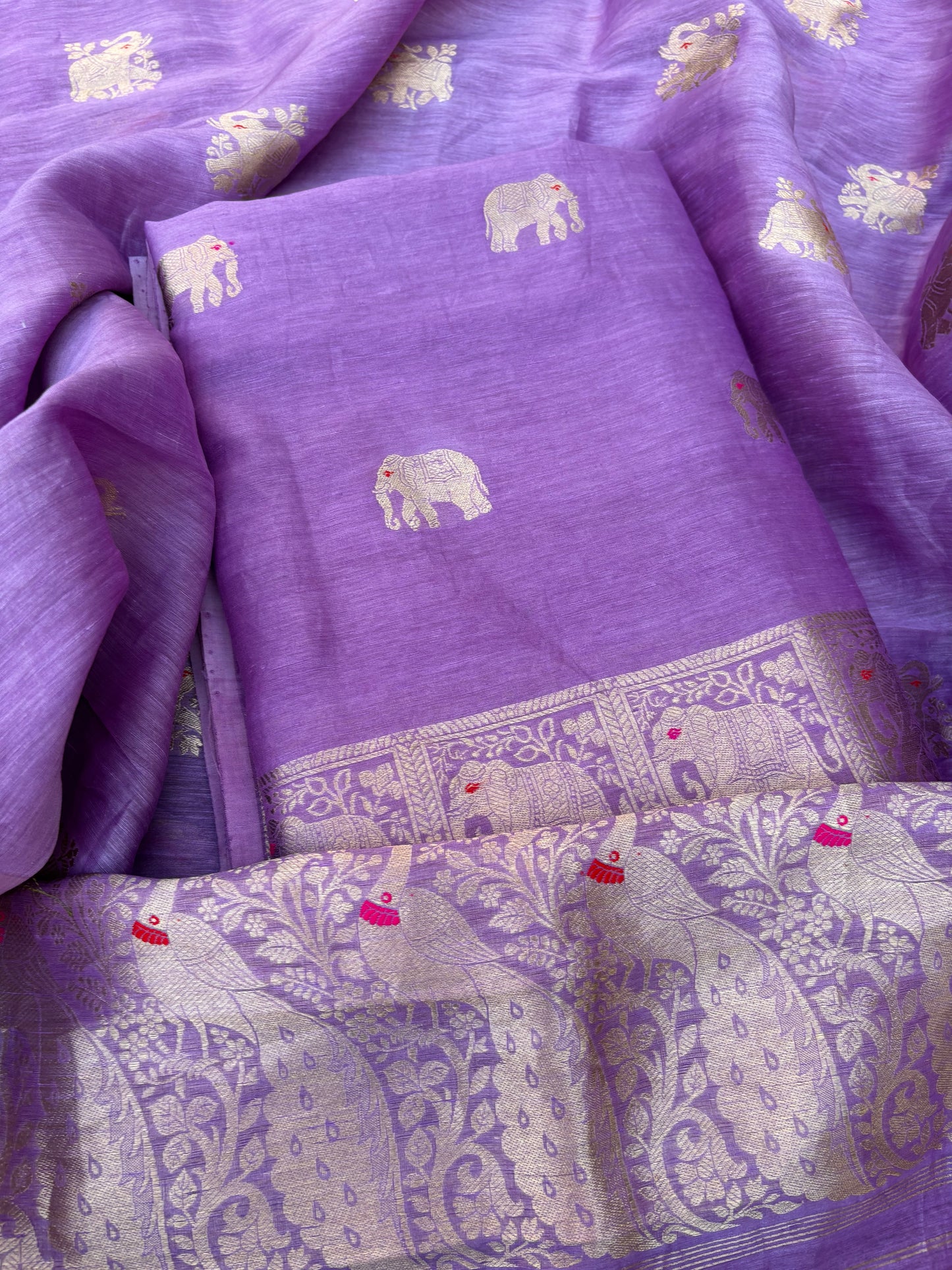 Lavender Linen silk elephant Motif kadhwa suit set