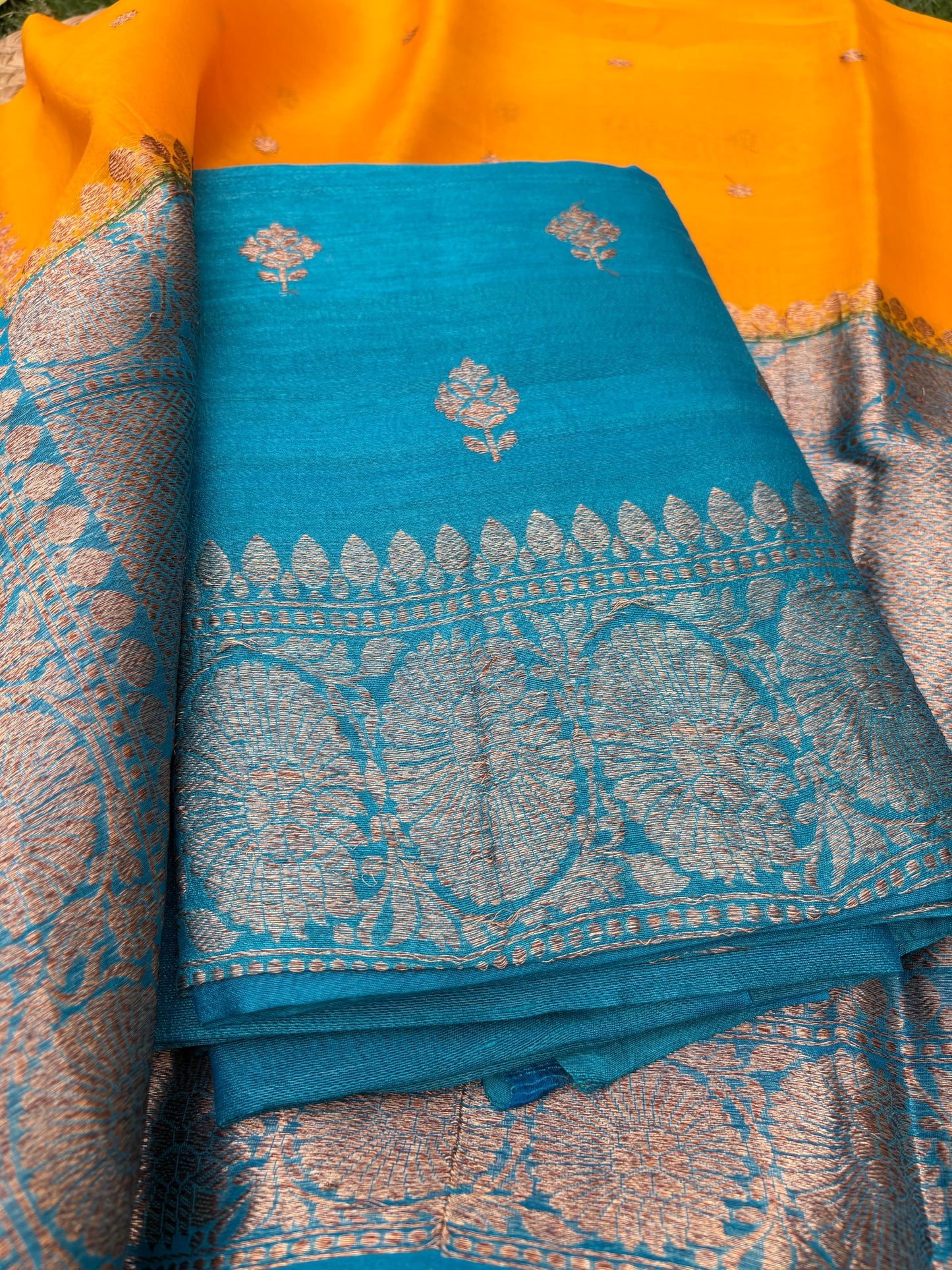 Blue tussar silk kurta, kora silk blue border dupatta, plain silk bottom
