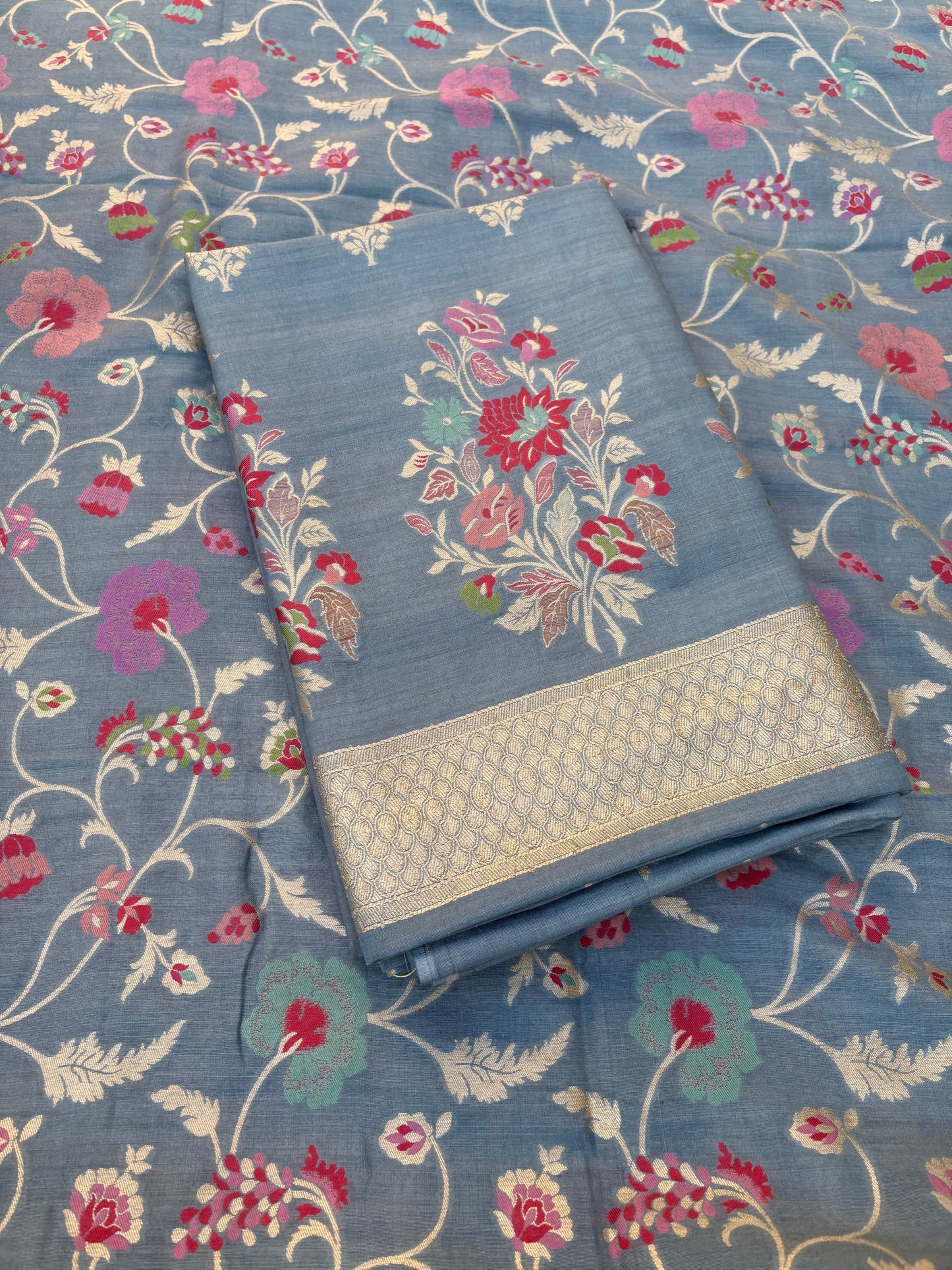 Blue meenadar tilfi weaving moonga silk 3 piece suit set