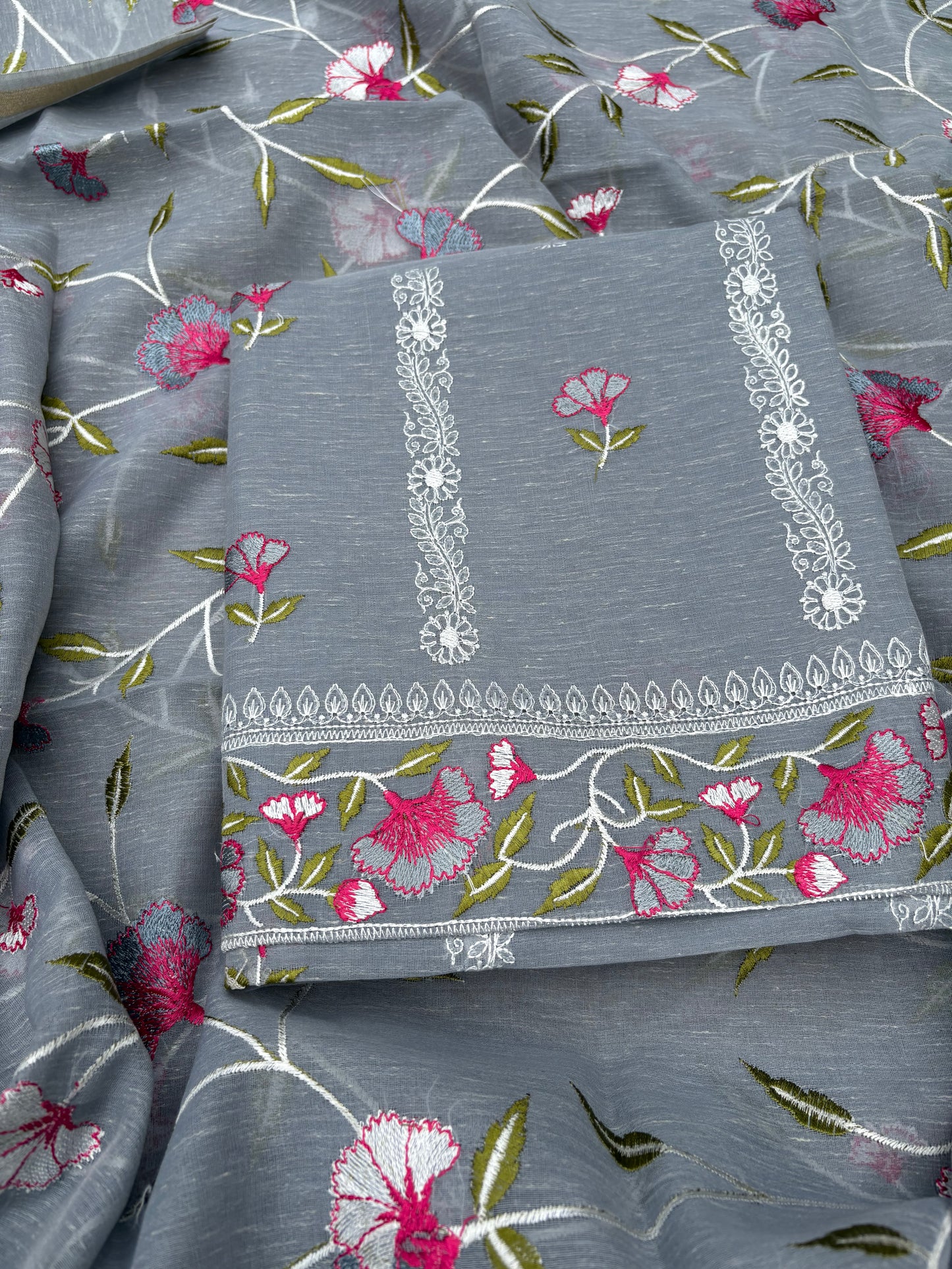 Grey linen cotton embroidered 3 piece suit set