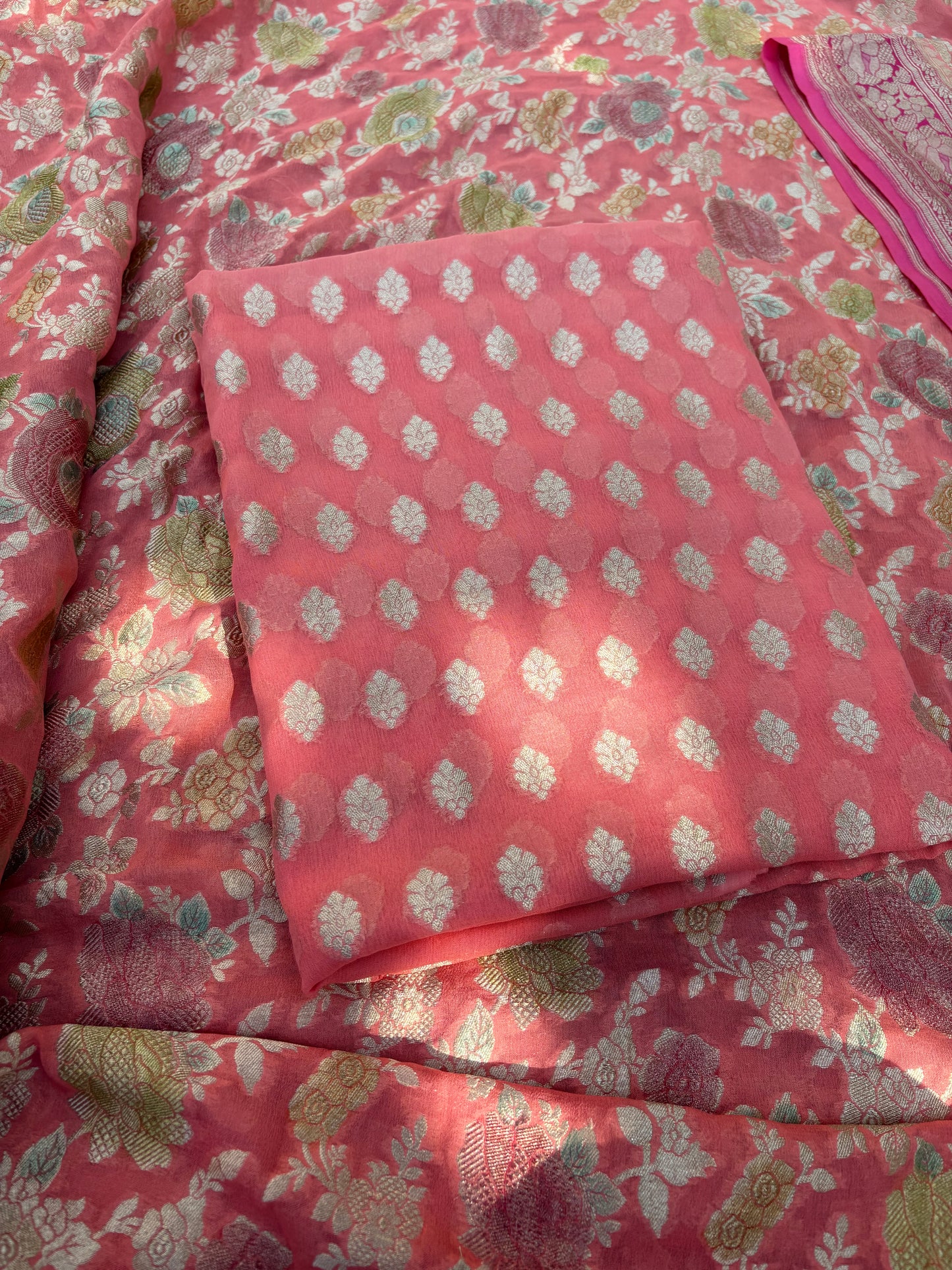Peach Khaddi georgette, handbrushed dupatta, plain bottom