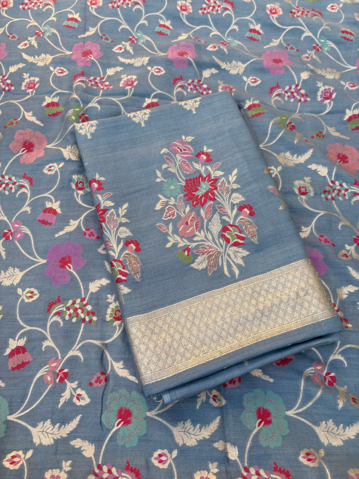 Blue meenadar tilfi weaving moonga silk 3 piece suit set