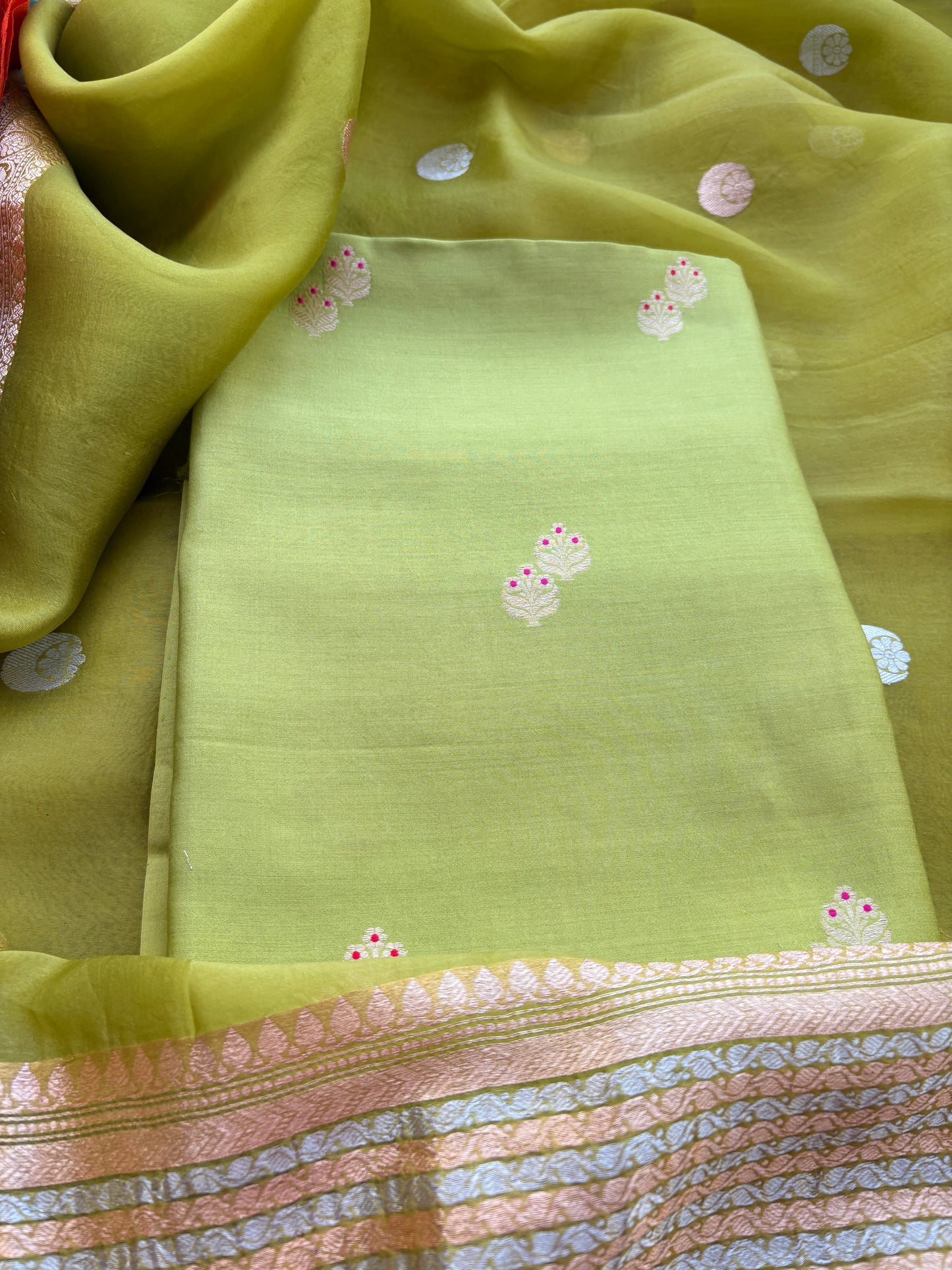 Green Chiniya silk kora suit set