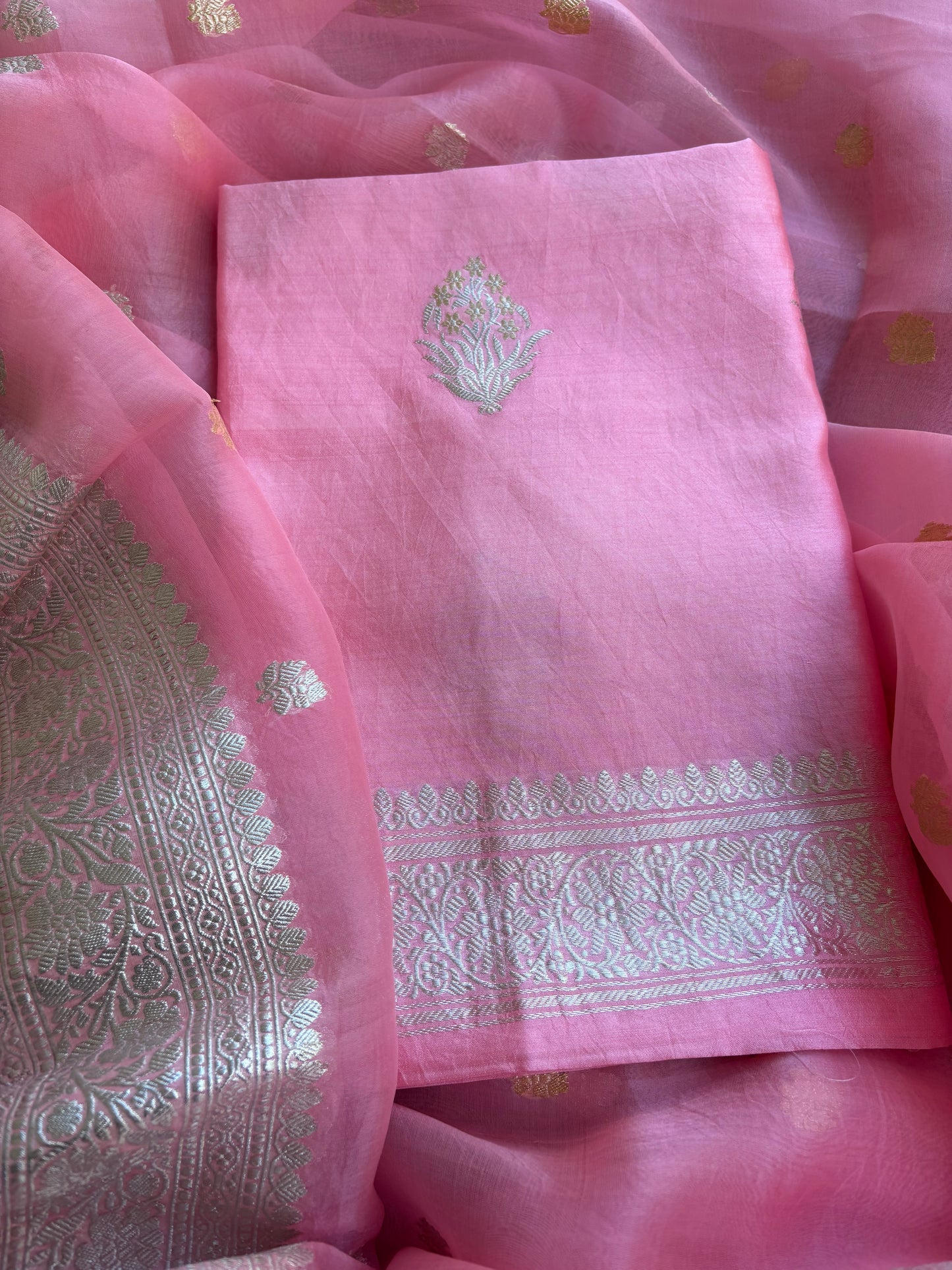 Pink pure silver zari chiniya kurta, kora dupatta, plain silk bottom.