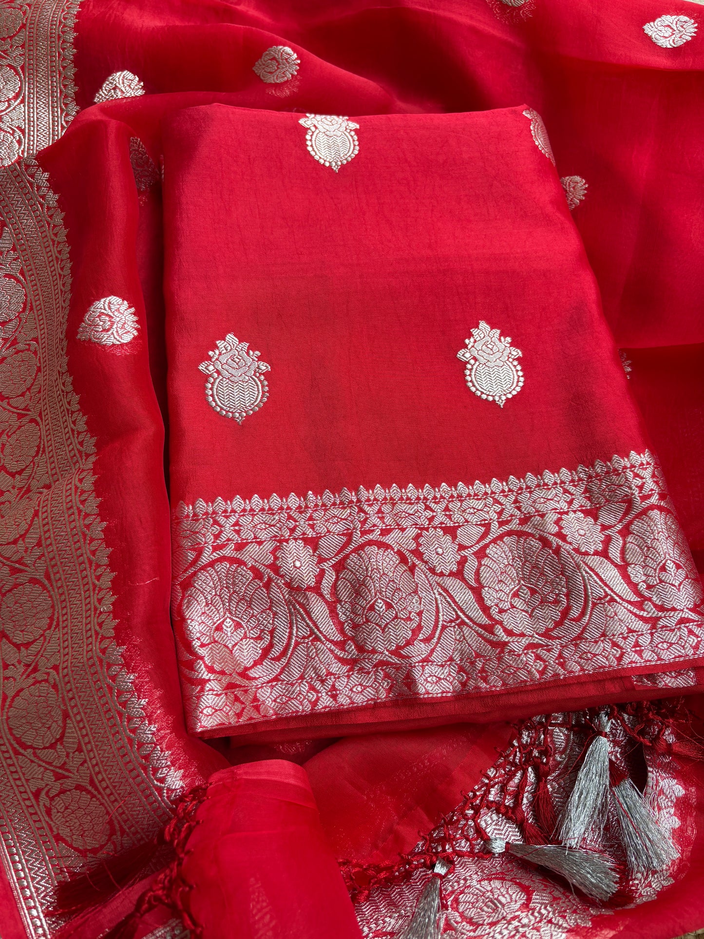 Red silver zari Chiniya kora suit set