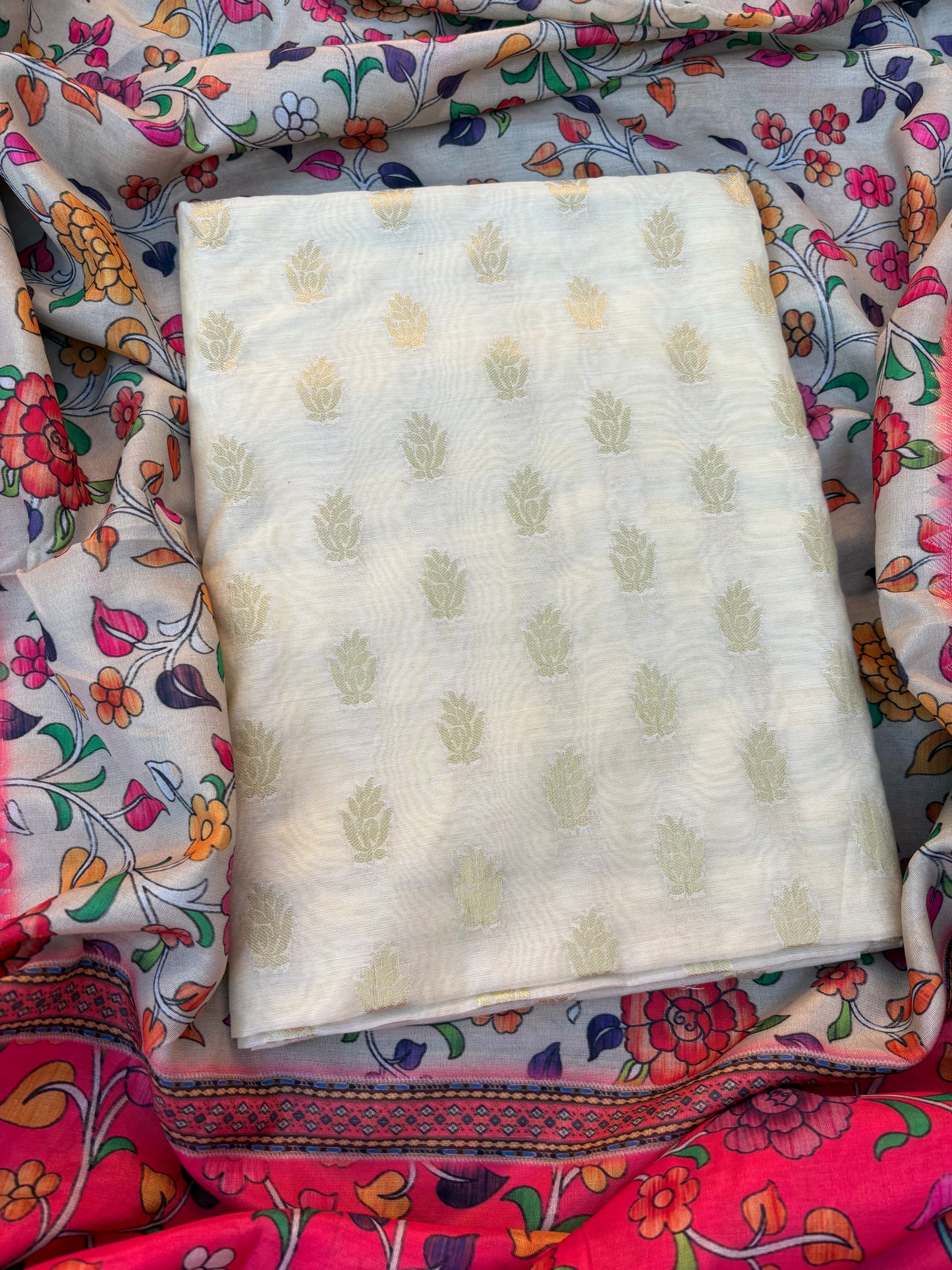 Cream cotton suit with digital printed dupatta, plain bottom