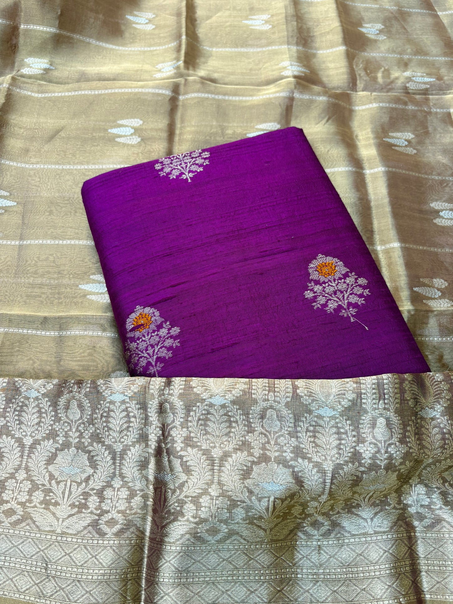 Purple raw silk kurta,bottom, kadhwa tissue dupatta